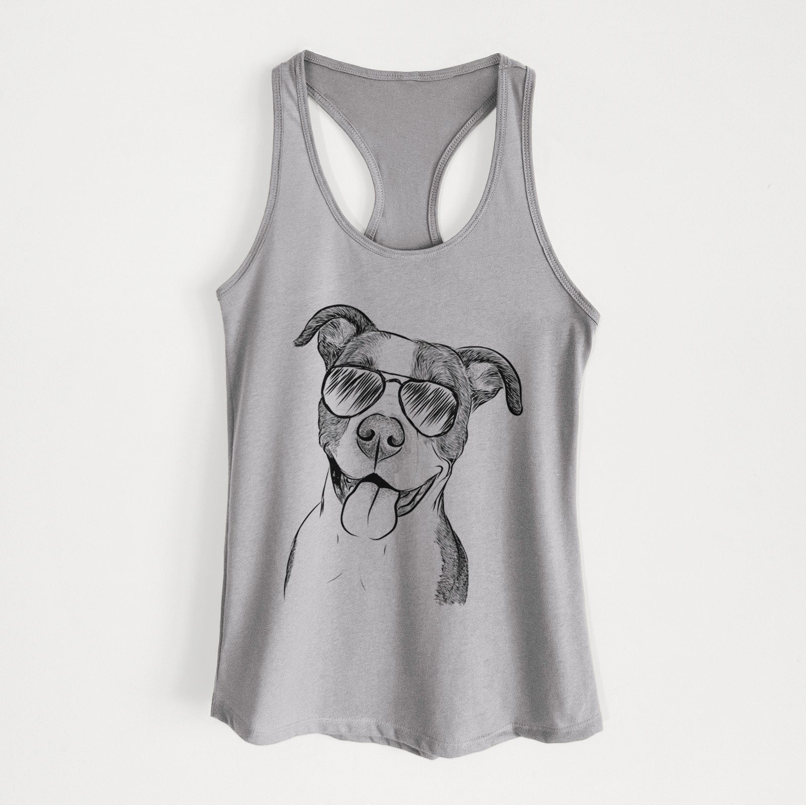 Hand-drawn sketch of Jax the American Pitbull Terrier Mix wearing aviator sunglasses on a Heather Grey Women's racerback tanktop