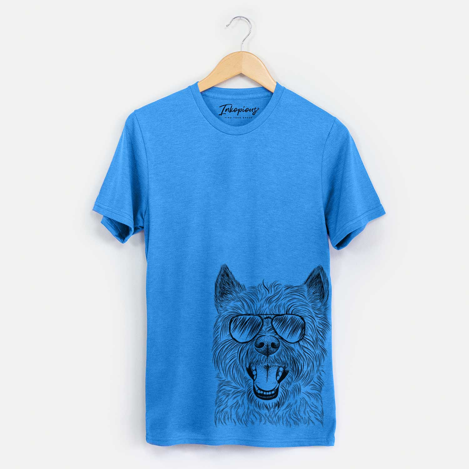 Hand-drawn sketch of Jeff the Cairn Terrier wearing aviator sunglasses on a Blue Unisex crewneck
