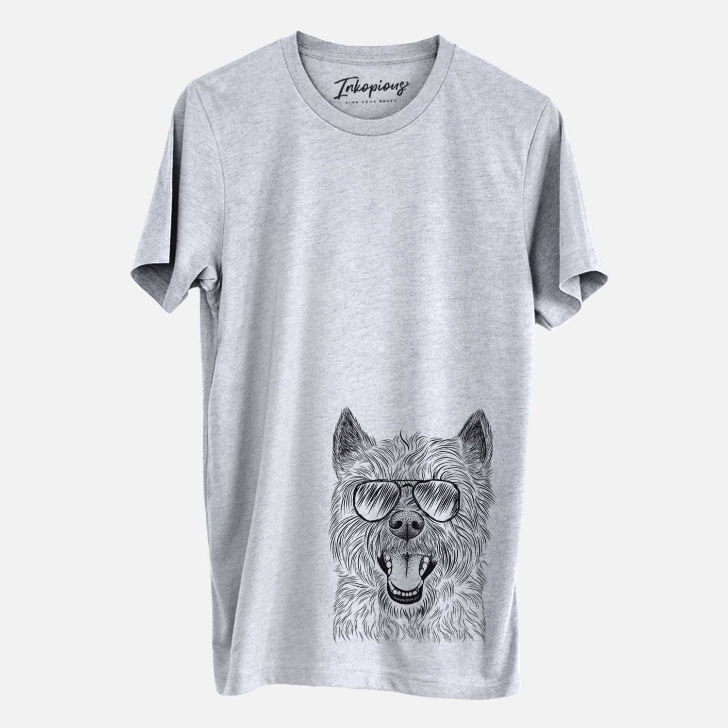 Hand-drawn sketch of Jeff the Cairn Terrier wearing aviator sunglasses on a Grey Unisex crewneck