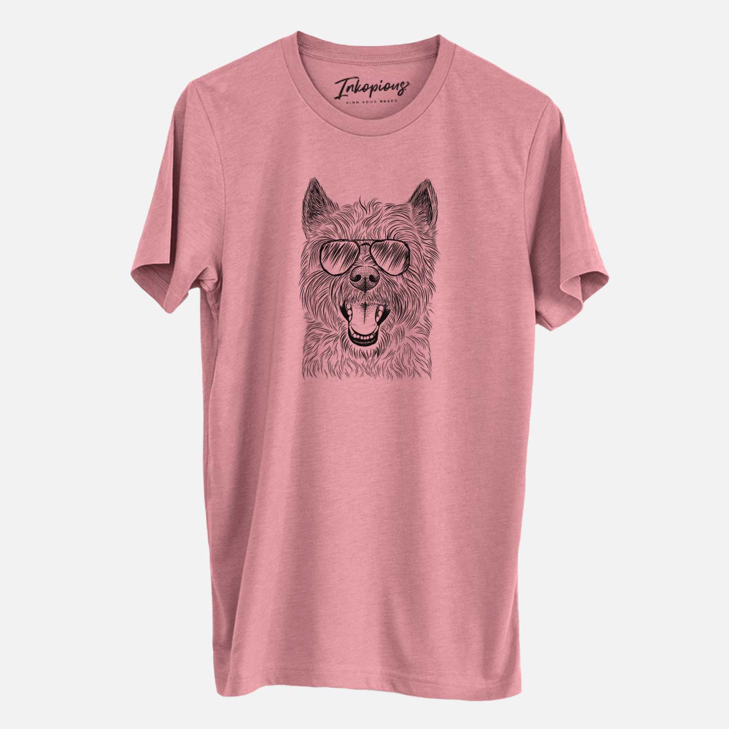 Hand-drawn sketch of Jeff the Cairn Terrier wearing aviator sunglasses on a Mauve Unisex crewneck