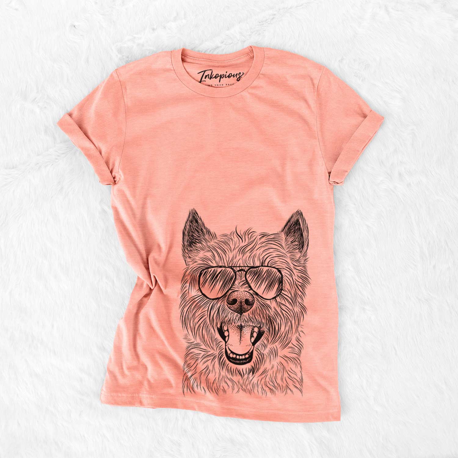 Hand-drawn sketch of Jeff the Cairn Terrier wearing aviator sunglasses on a Sunset Bella Canvas Unisex Crewneck
