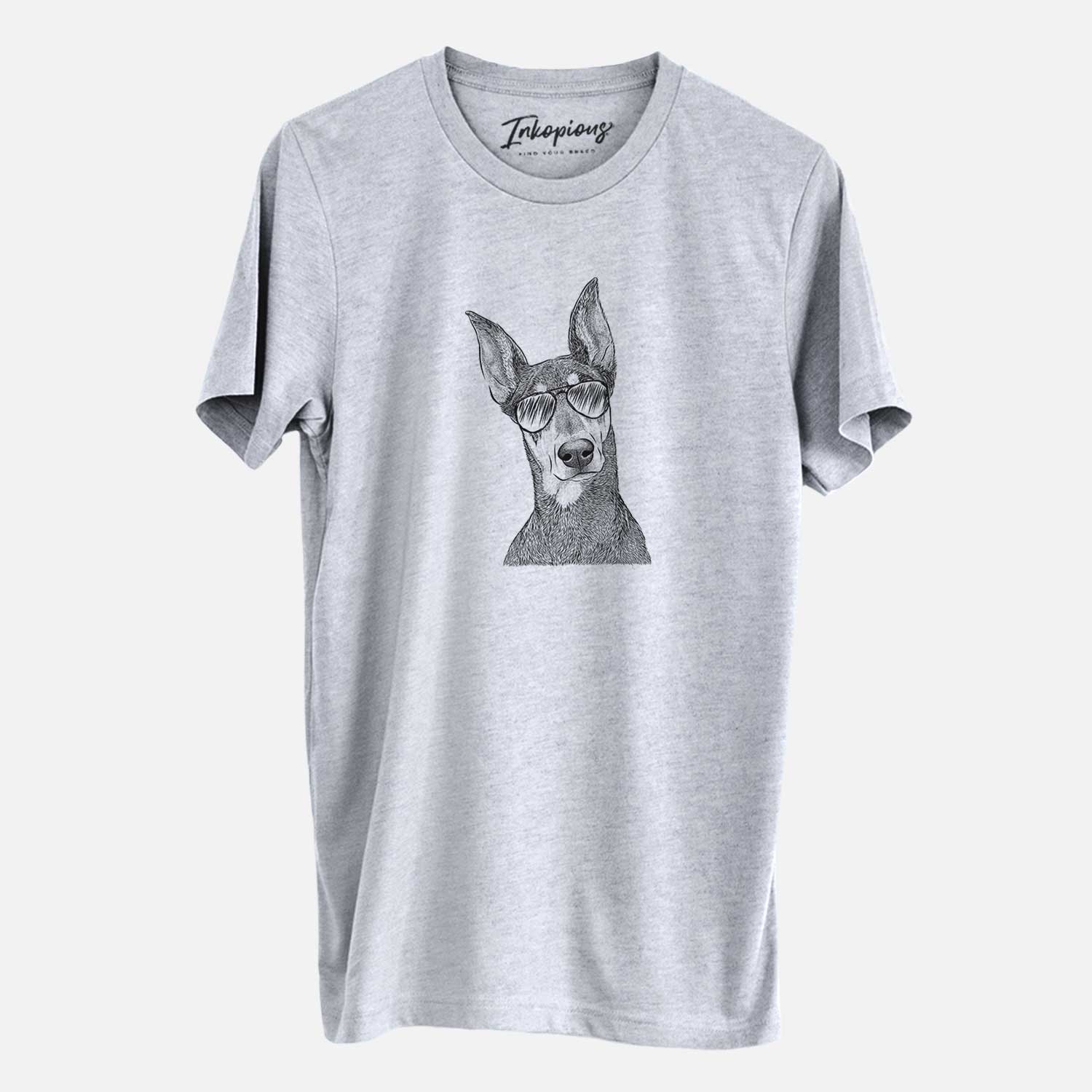 Hand-drawn sketch of Jenna the Doberman Pinscher wearing aviator sunglasses on a Grey Unisex crewneck