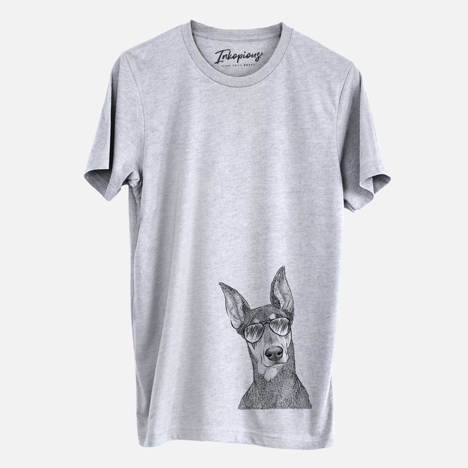 Hand-drawn sketch of Jenna the Doberman Pinscher wearing aviator sunglasses on a Grey Unisex crewneck