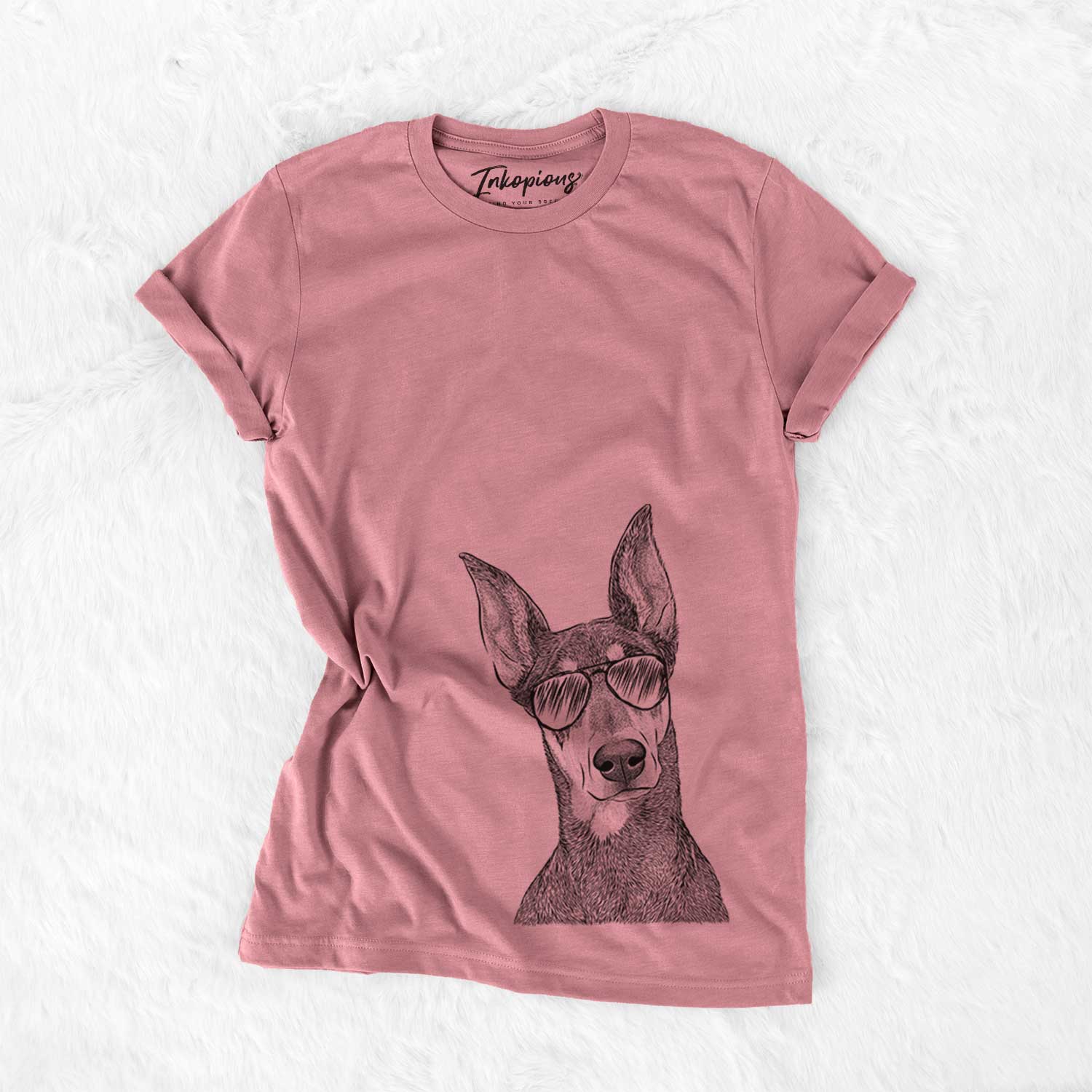 Hand-drawn sketch of Jenna the Doberman Pinscher wearing aviator sunglasses on a Mauve Unisex crewneck
