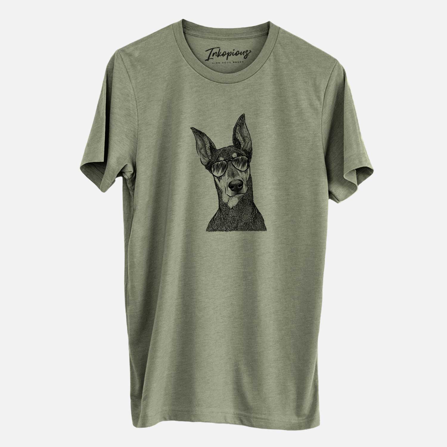 Hand-drawn sketch of Jenna the Doberman Pinscher wearing aviator sunglasses on an Olive Unisex crewneck
