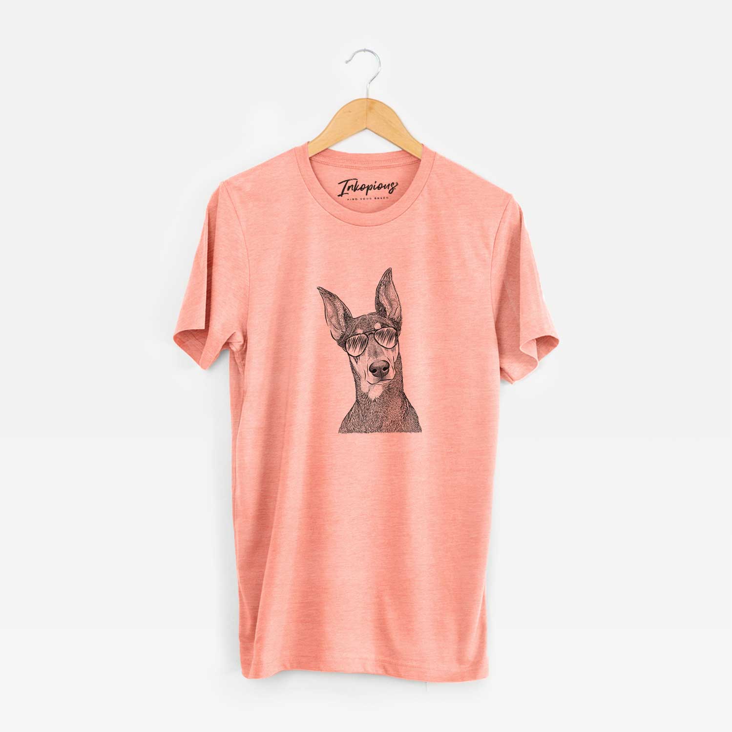 Hand-drawn sketch of Jenna the Doberman Pinscher wearing aviator sunglasses on a Sunset Unisex crewneck