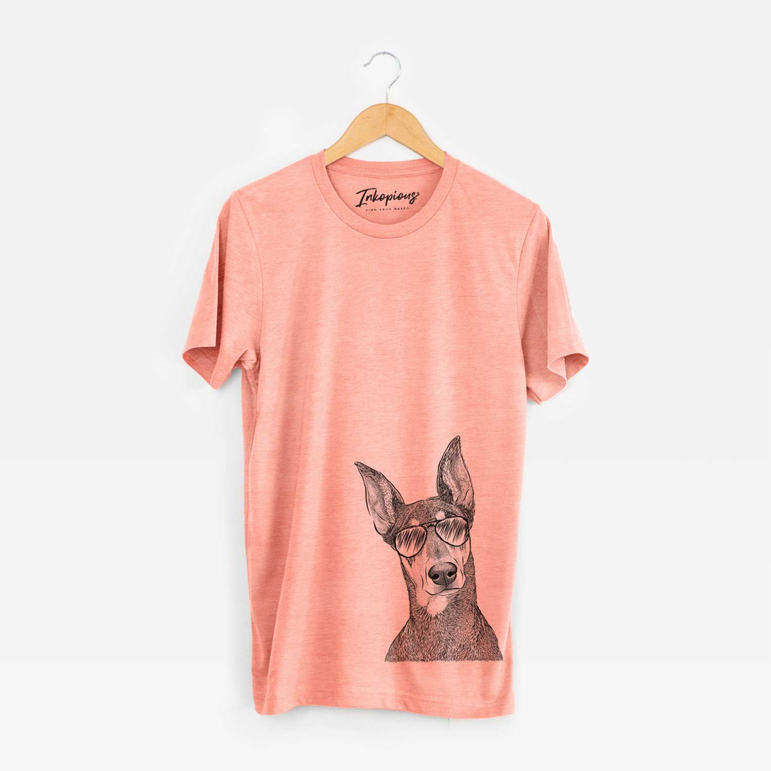Hand-drawn sketch of Jenna the Doberman Pinscher wearing aviator sunglasses on a Sunset Unisex crewneck