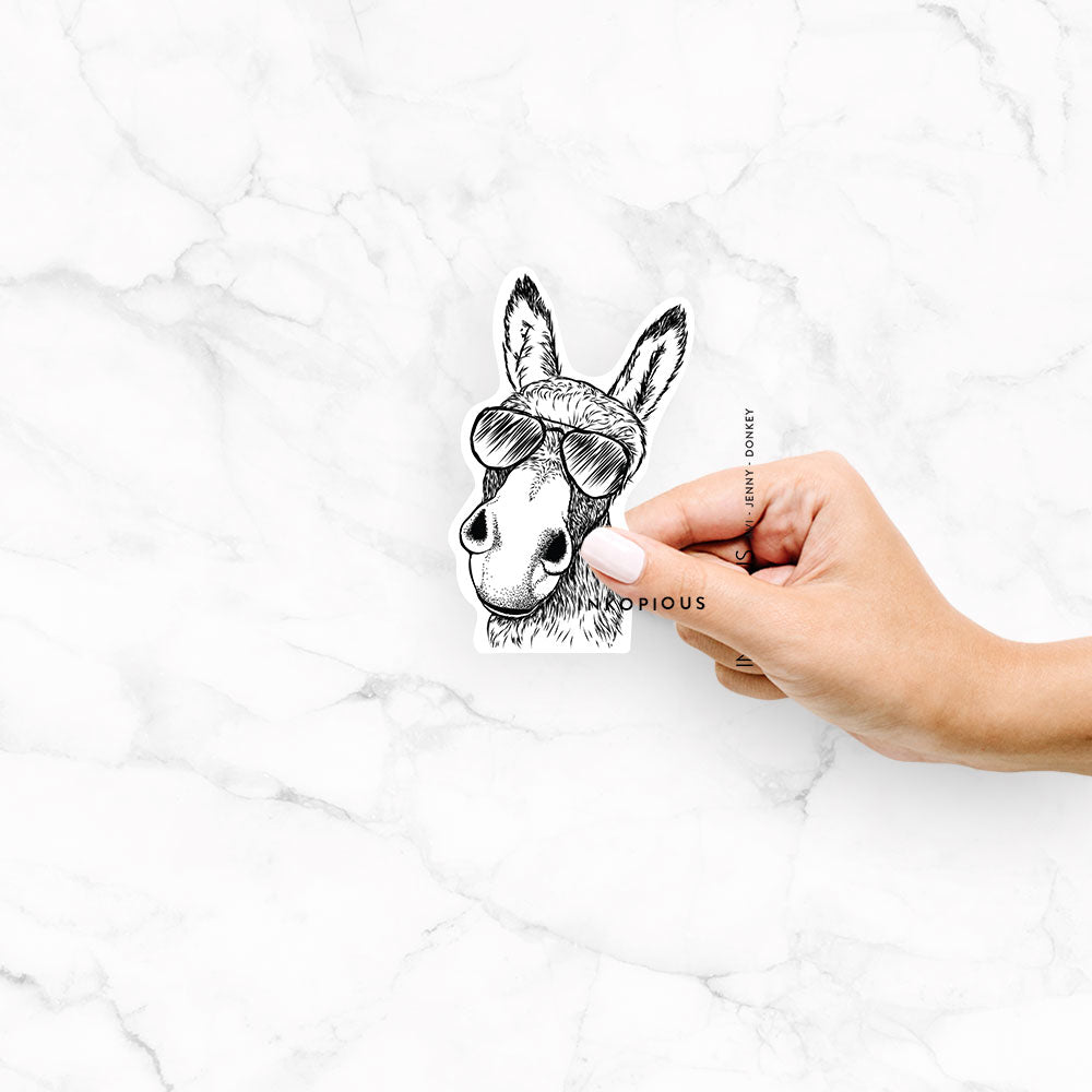 Hand-drawn sketch of Jenny the Donkey wearing aviator sunglasses on a decal sticker