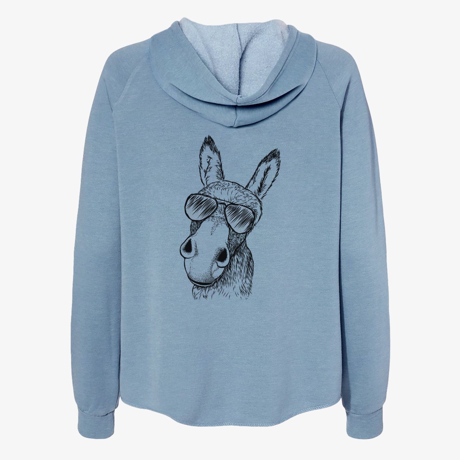 Hand-drawn sketch of Jenny the Donkey wearing aviator sunglasses on a Misty Blue Women's cali wave zip-up sweatshirt