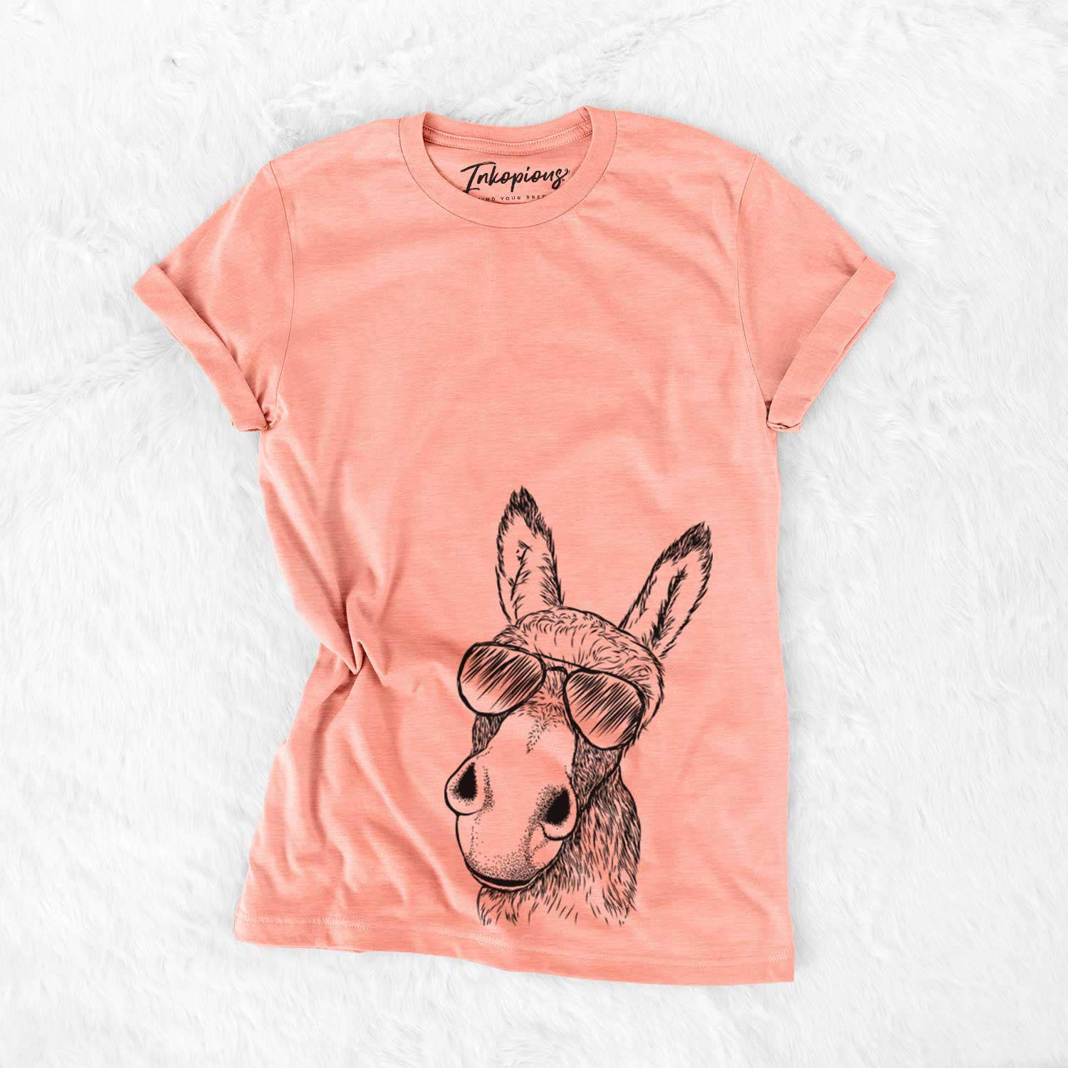 Hand-drawn sketch of Jenny the Donkey wearing aviator sunglasses on a Sunset Bella Canvas Unisex Crewneck