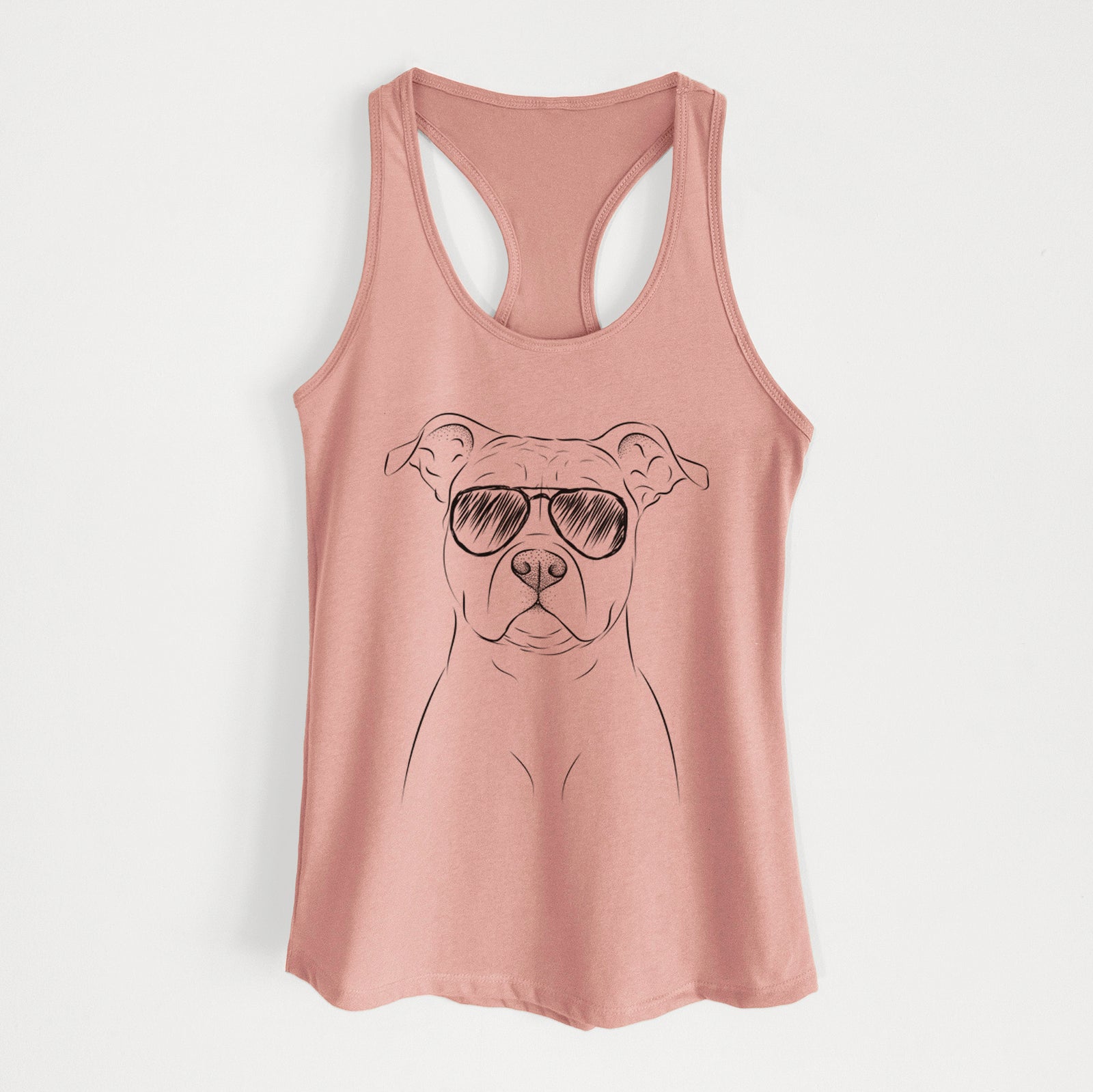 Hand-drawn sketch of Jethro the American Staffordshire Terrier wearing aviator sunglasses on a Desert Pink Women's racerback tanktop