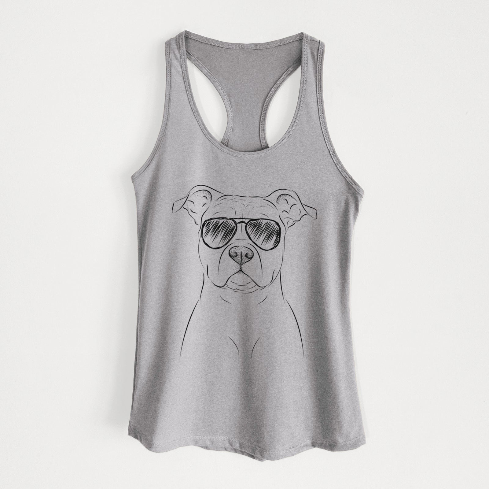 Hand-drawn sketch of Jethro the American Staffordshire Terrier wearing aviator sunglasses on a Heather Grey Women's racerback tanktop