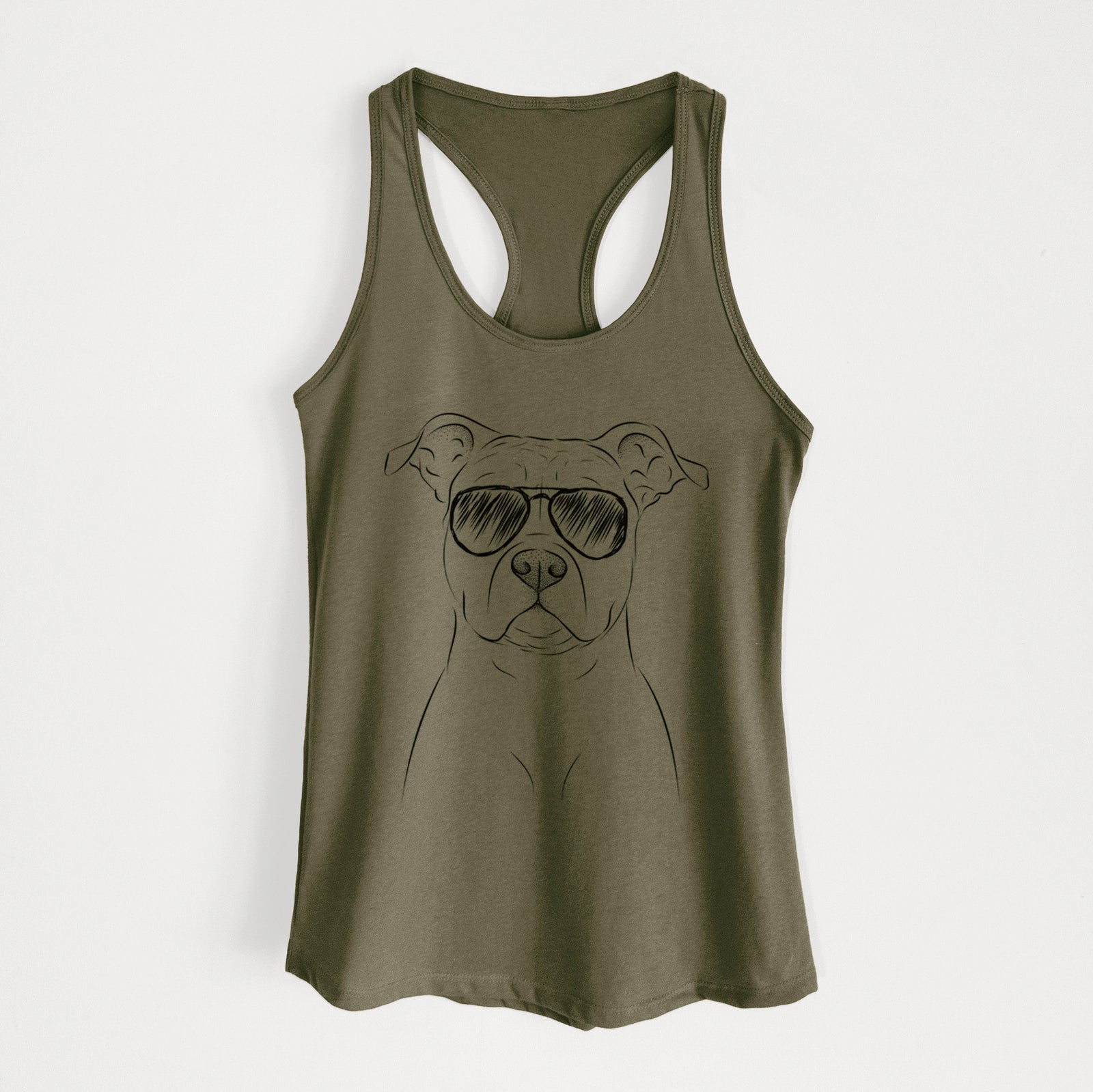 Hand-drawn sketch of Jethro the American Staffordshire Terrier wearing aviator sunglasses on a Military Green Women's racerback tanktop