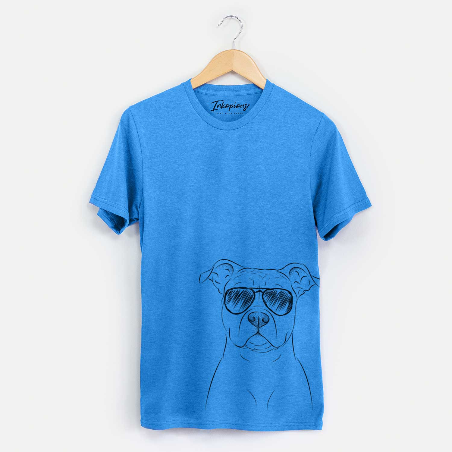 Hand-drawn sketch of Jethro the American Staffordshire Terrier wearing aviator sunglasses on a Blue Unisex crewneck