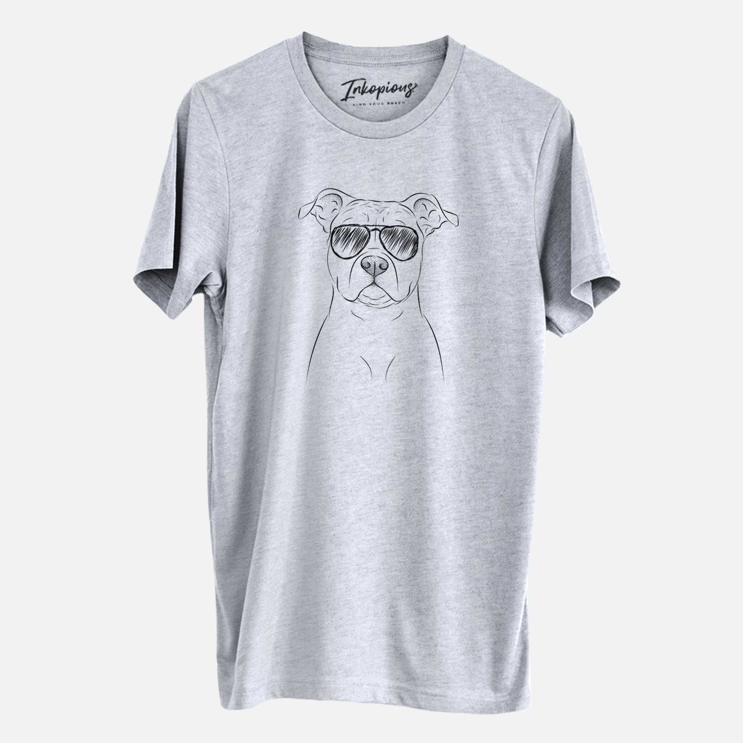 Hand-drawn sketch of Jethro the American Staffordshire Terrier wearing aviator sunglasses on a Grey Unisex crewneck