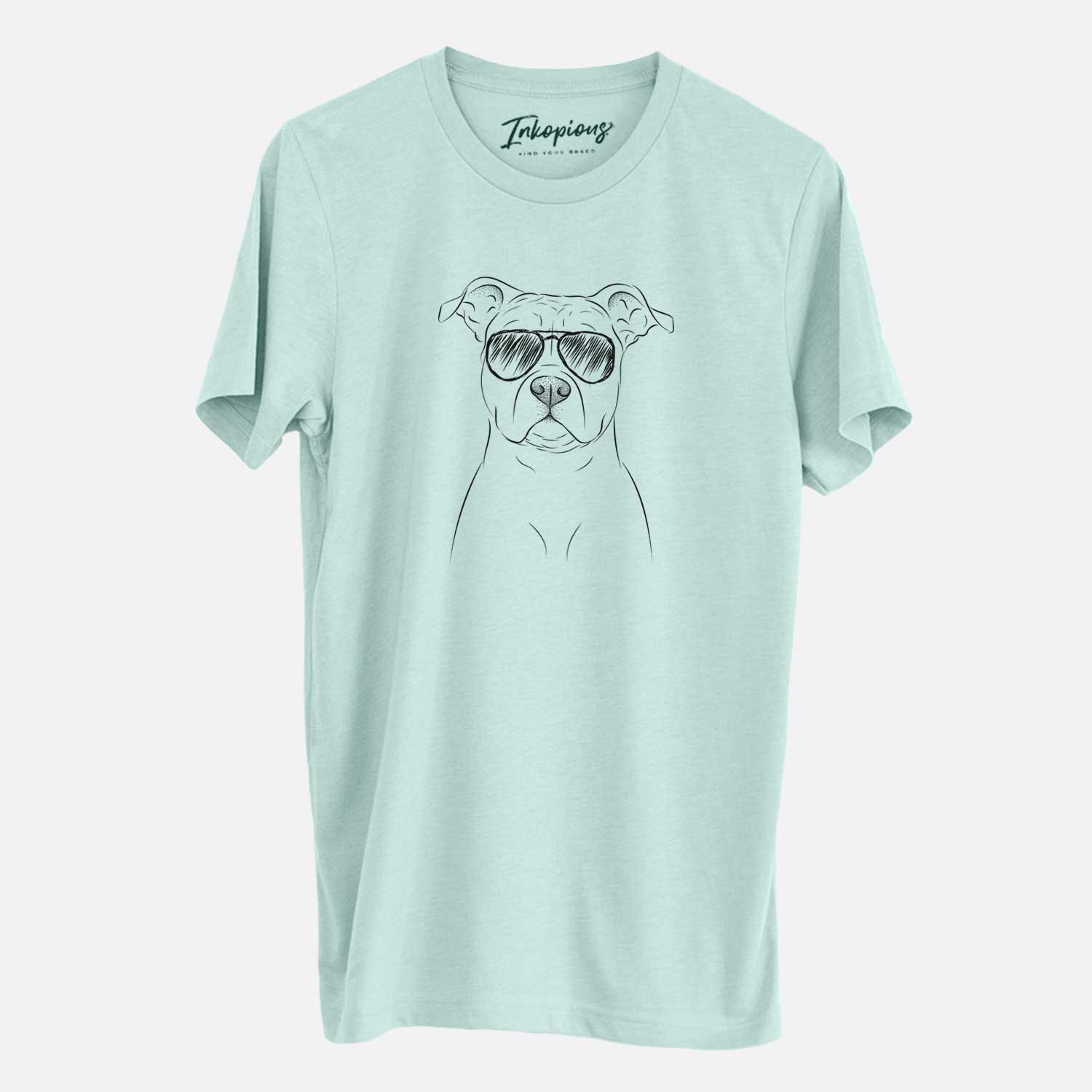 Hand-drawn sketch of Jethro the American Staffordshire Terrier wearing aviator sunglasses on a Heather Sage Unisex crewneck
