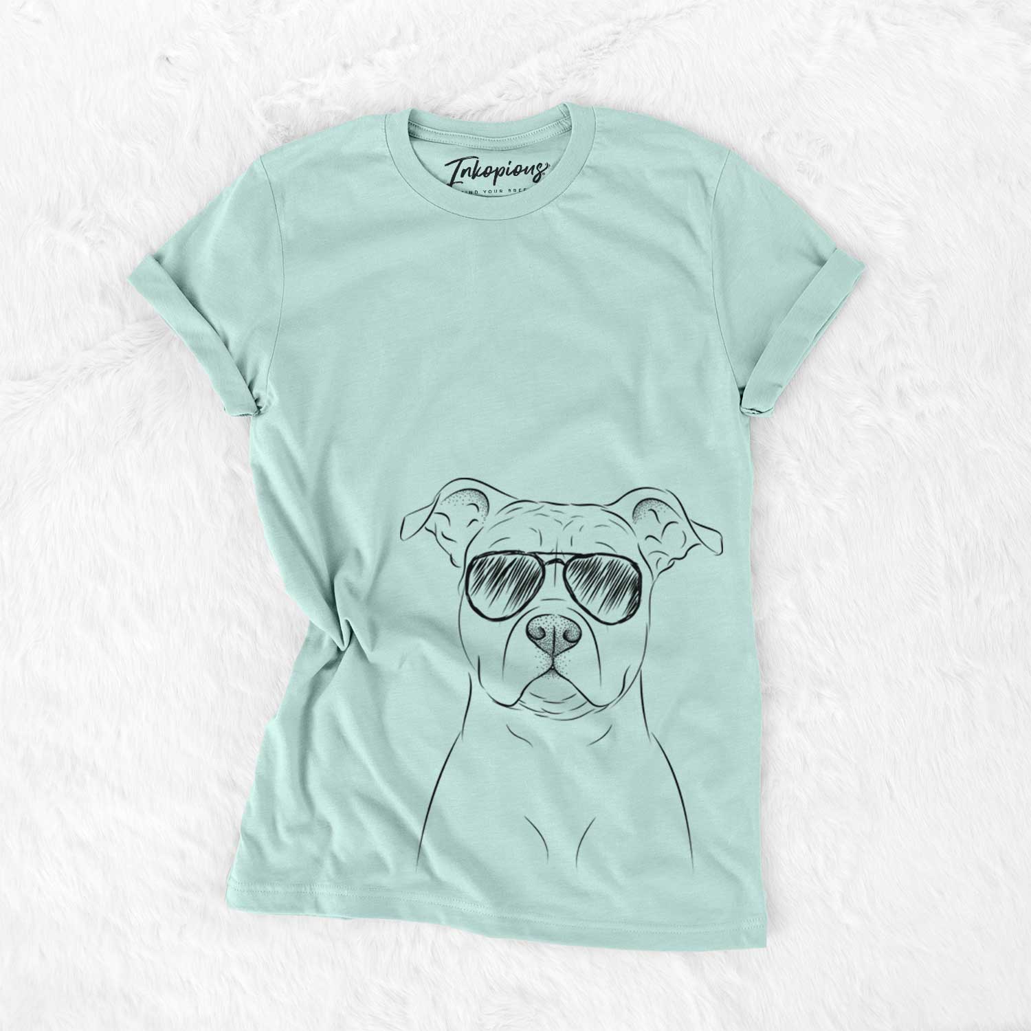 Hand-drawn sketch of Jethro the American Staffordshire Terrier wearing aviator sunglasses on a Heather Sage Unisex crewneck