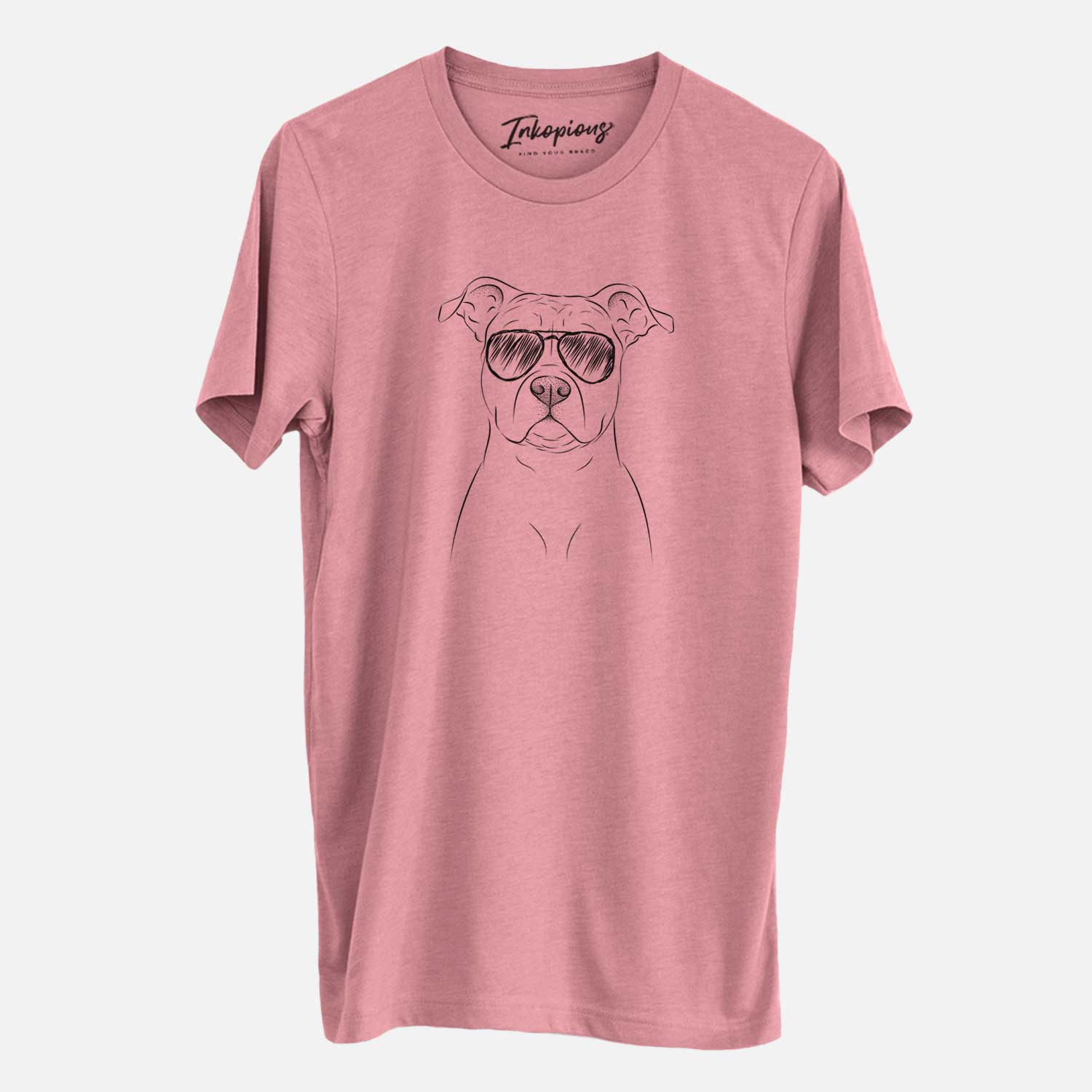Hand-drawn sketch of Jethro the American Staffordshire Terrier wearing aviator sunglasses on a Mauve Unisex crewneck