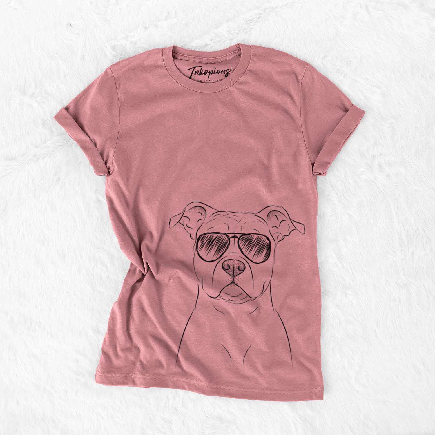 Hand-drawn sketch of Jethro the American Staffordshire Terrier wearing aviator sunglasses on a Mauve Unisex crewneck