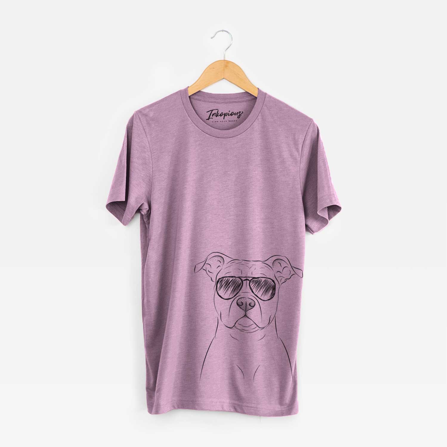 Hand-drawn sketch of Jethro the American Staffordshire Terrier wearing aviator sunglasses on an Orchid Unisex crewneck