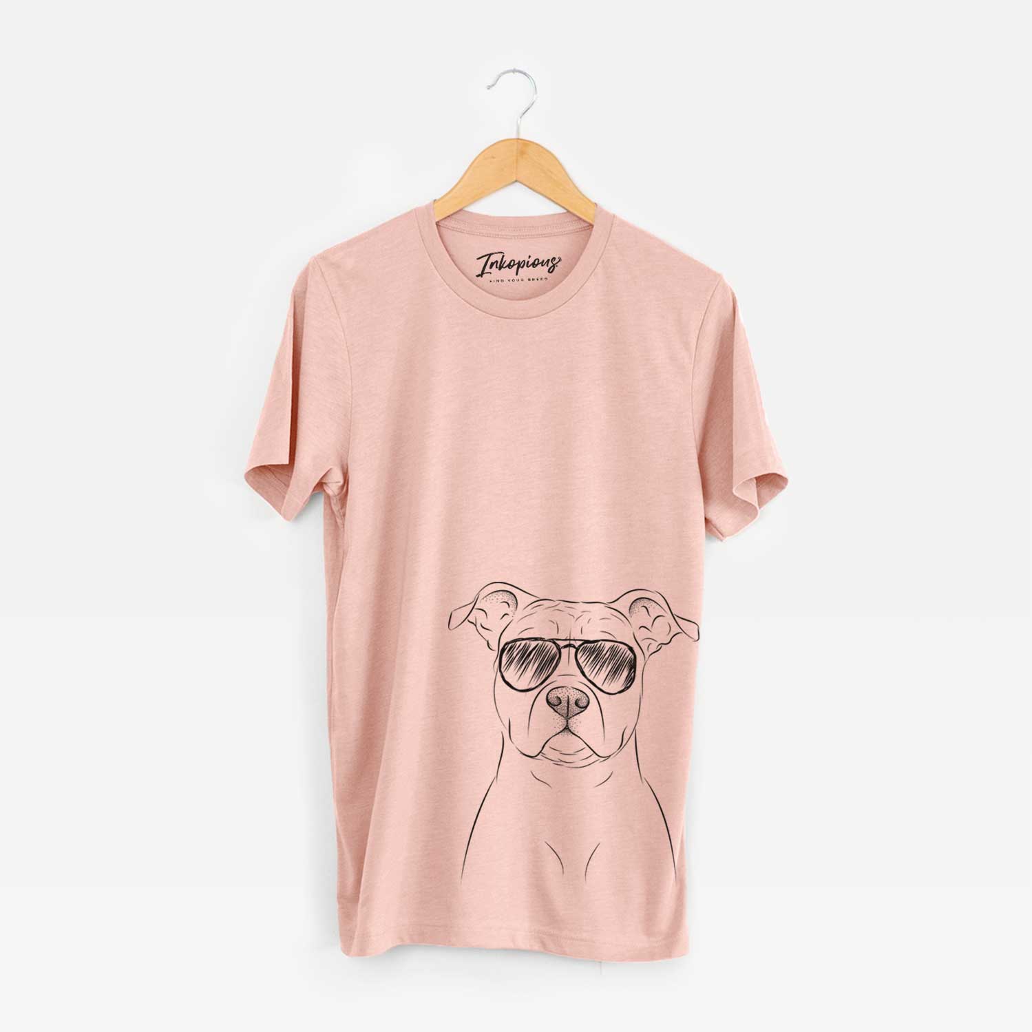 Hand-drawn sketch of Jethro the American Staffordshire Terrier wearing aviator sunglasses on a Peach Unisex crewneck