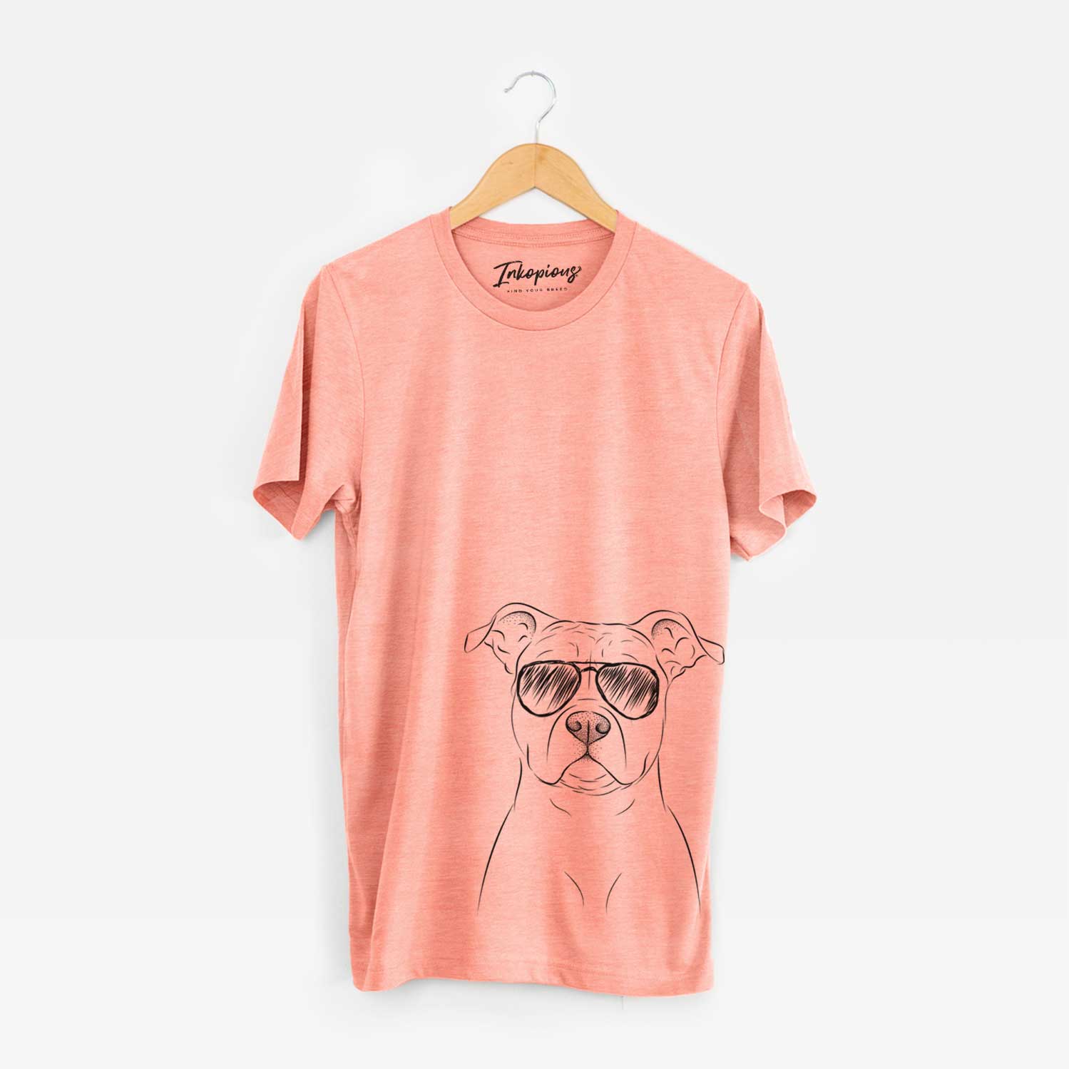 Hand-drawn sketch of Jethro the American Staffordshire Terrier wearing aviator sunglasses on a Sunset Unisex crewneck