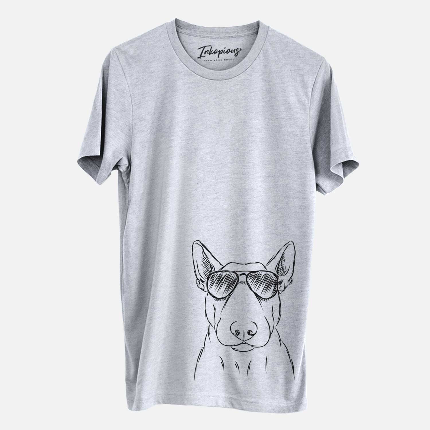 Hand-drawn sketch of Jett the Bull Terrier wearing aviator sunglasses on a Grey Unisex crewneck
