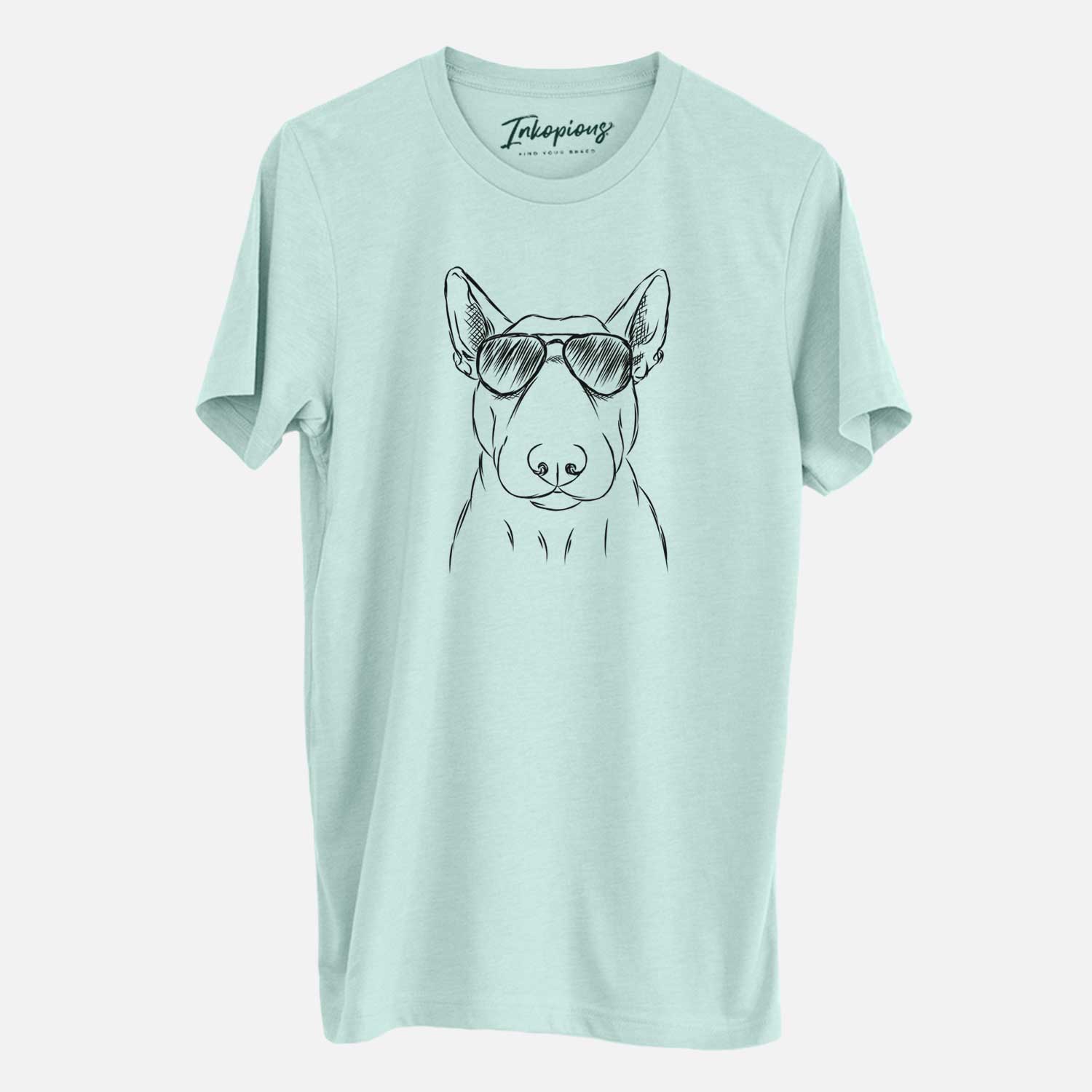 Hand-drawn sketch of Jett the Bull Terrier wearing aviator sunglasses on a Heather Sage Unisex crewneck