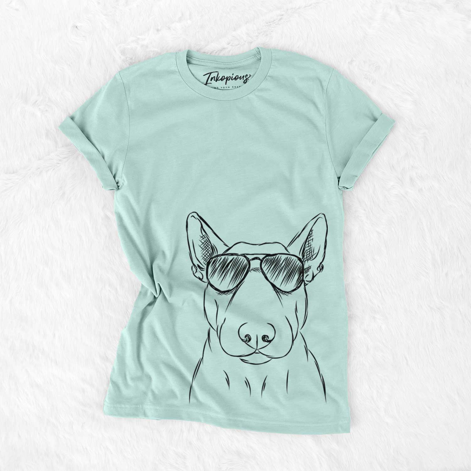 Hand-drawn sketch of Jett the Bull Terrier wearing aviator sunglasses on a Heather Sage Unisex crewneck