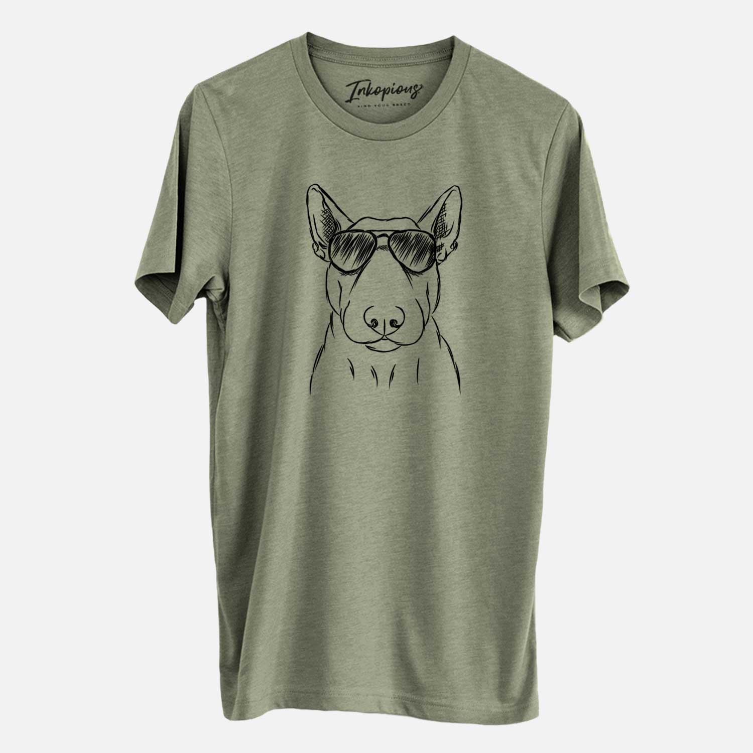 Hand-drawn sketch of Jett the Bull Terrier wearing aviator sunglasses on an Olive Unisex crewneck