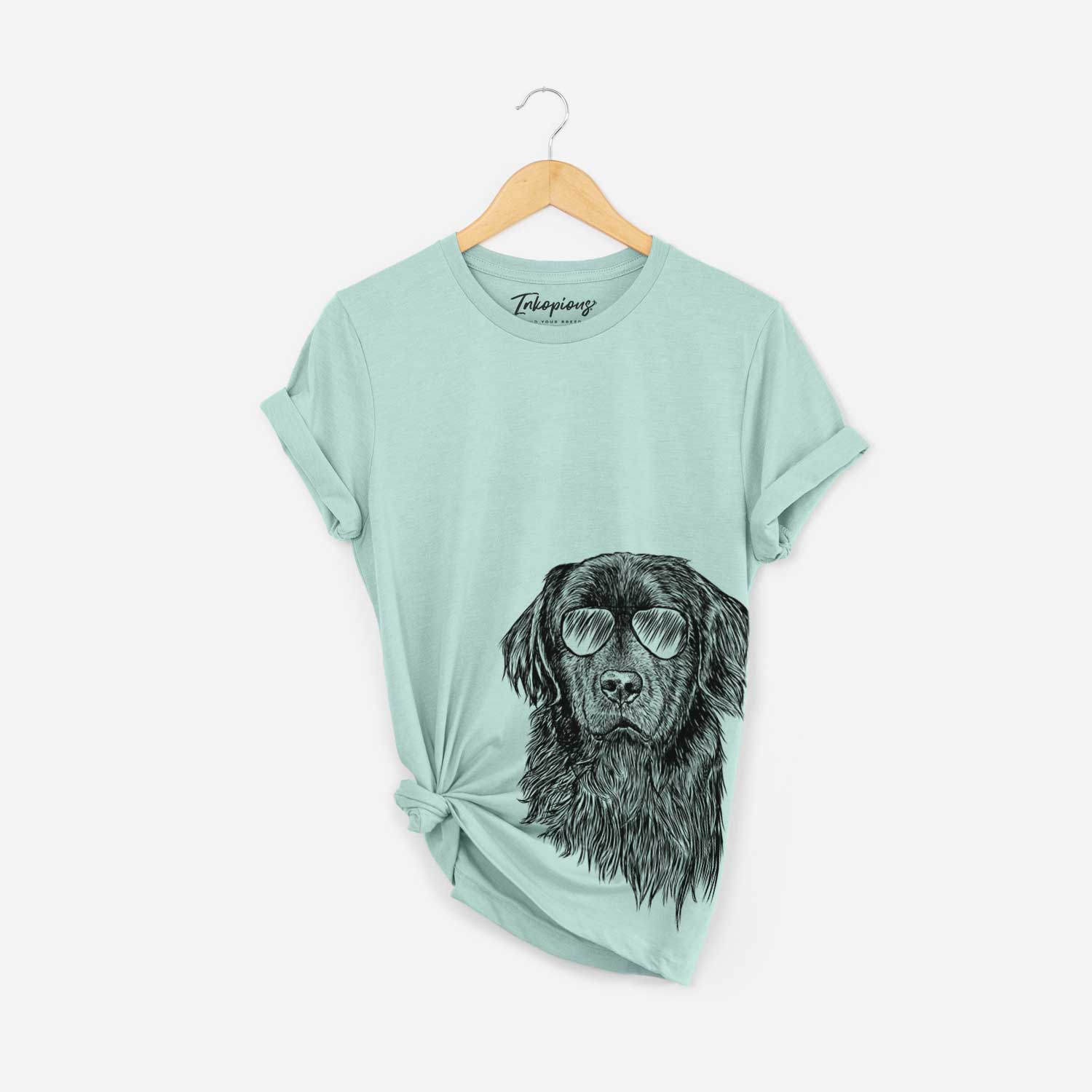 Hand-drawn sketch of Jinx the Newfoundland wearing aviator sunglasses on a Heather Sage Bella Canvas Unisex Crewneck