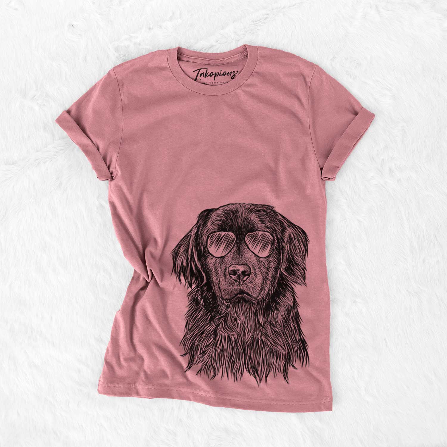 Hand-drawn sketch of Jinx the Newfoundland wearing aviator sunglasses on a Mauve Bella Canvas Unisex Crewneck