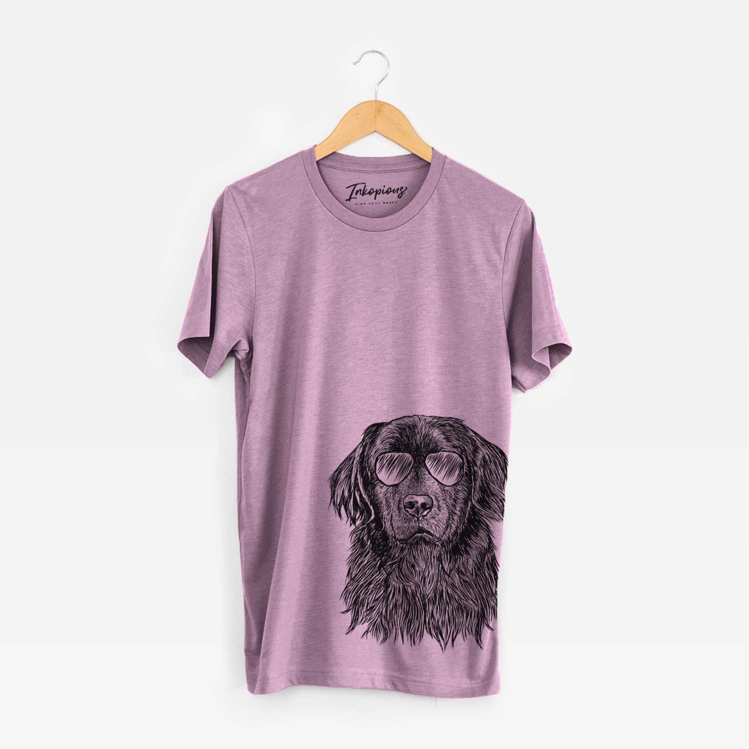 Hand-drawn sketch of Jinx the Newfoundland wearing aviator sunglasses on an Orchid Bella Canvas Unisex Crewneck