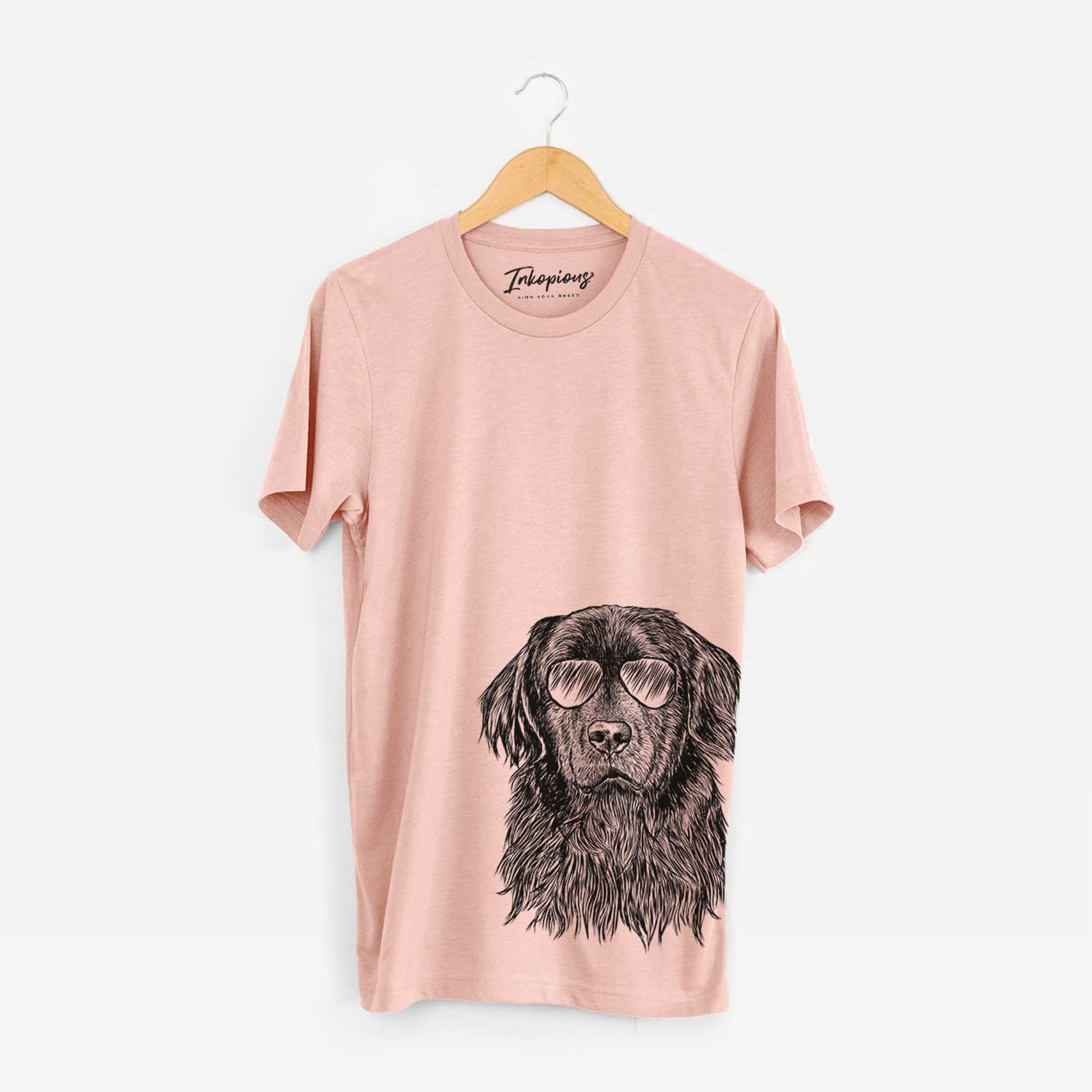 Hand-drawn sketch of Jinx the Newfoundland wearing aviator sunglasses on a Peach Bella Canvas Unisex Crewneck