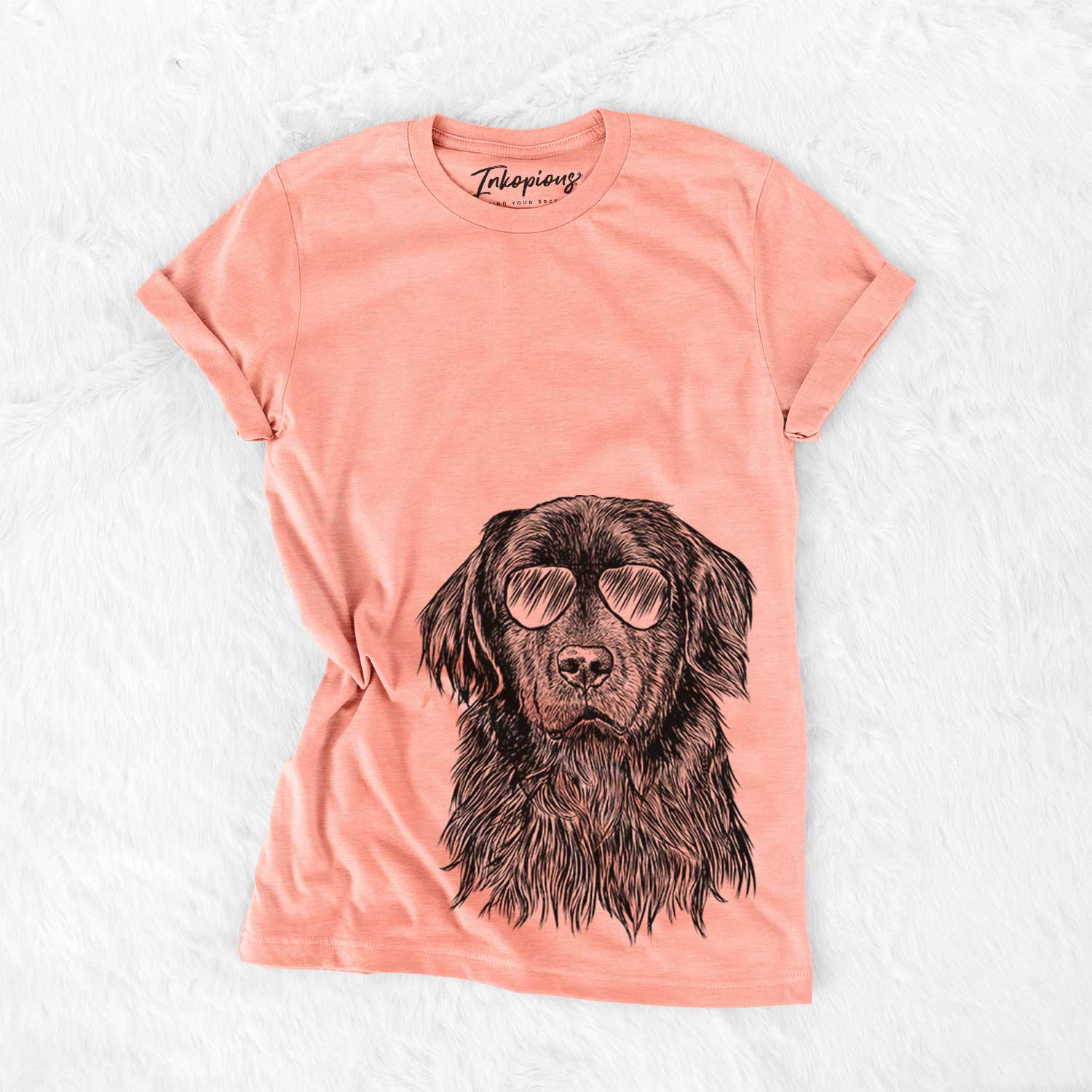 Hand-drawn sketch of Jinx the Newfoundland wearing aviator sunglasses on a Sunset Bella Canvas Unisex Crewneck