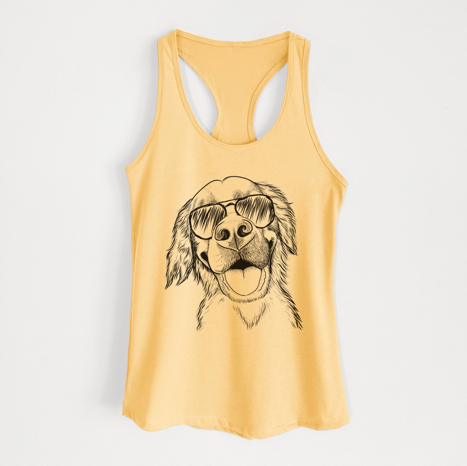 Hand-drawn sketch of Jordy the Golden Retriever wearing aviator sunglasses on a Banana Cream Women's racerback tanktop
