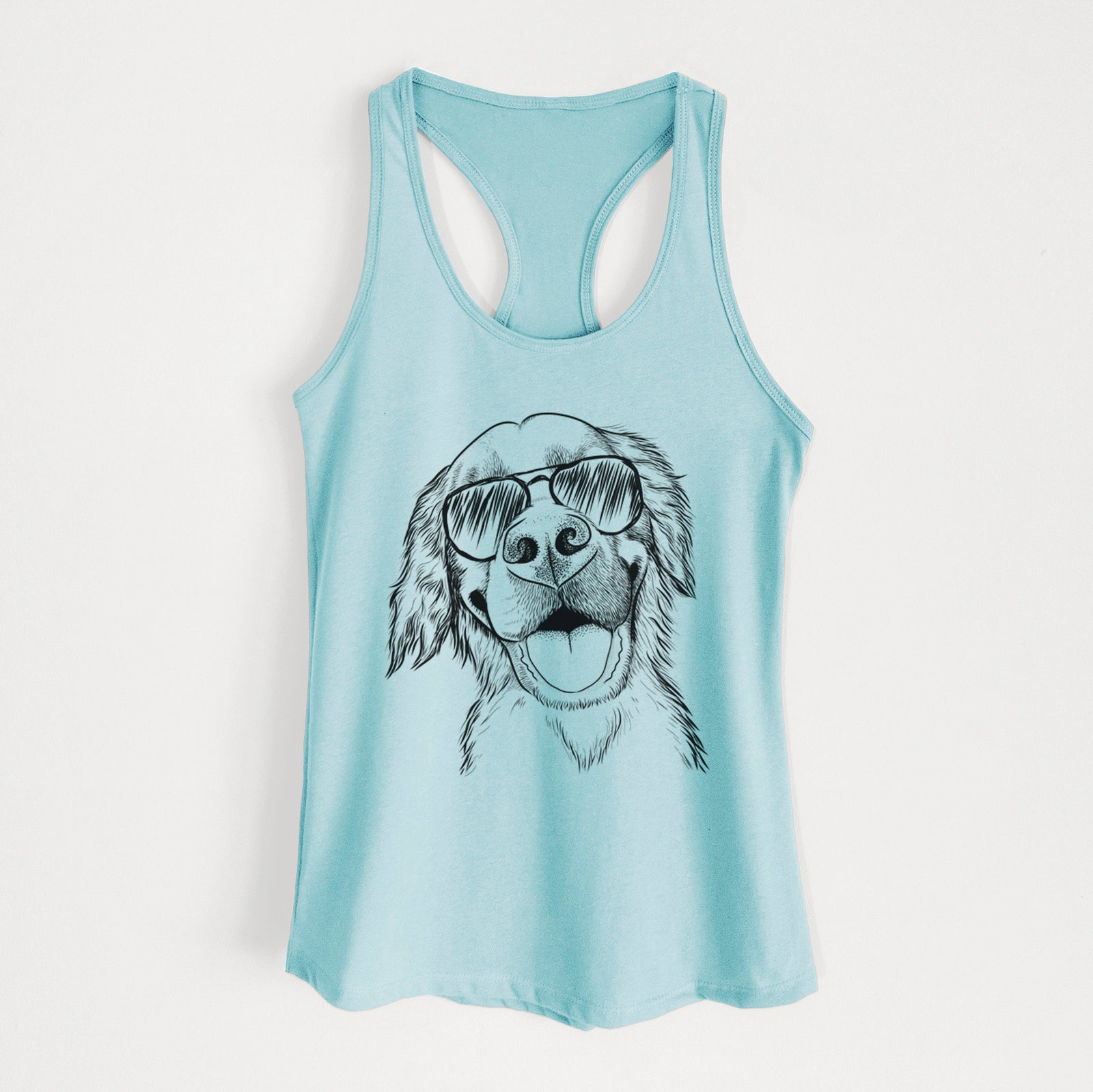 Hand-drawn sketch of Jordy the Golden Retriever wearing aviator sunglasses on a Cancun Blue Women's racerback tanktop
