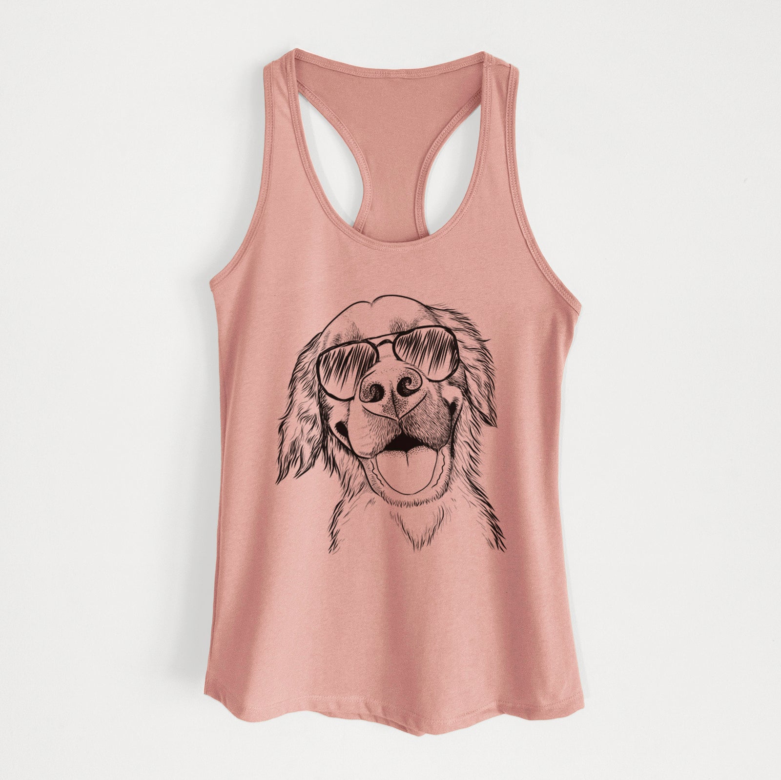 Hand-drawn sketch of Jordy the Golden Retriever wearing aviator sunglasses on a Desert Pink Women's racerback tanktop