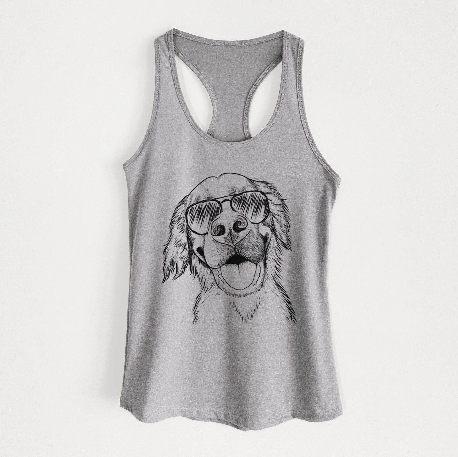 Hand-drawn sketch of Jordy the Golden Retriever wearing aviator sunglasses on a Heather Grey Women's racerback tanktop