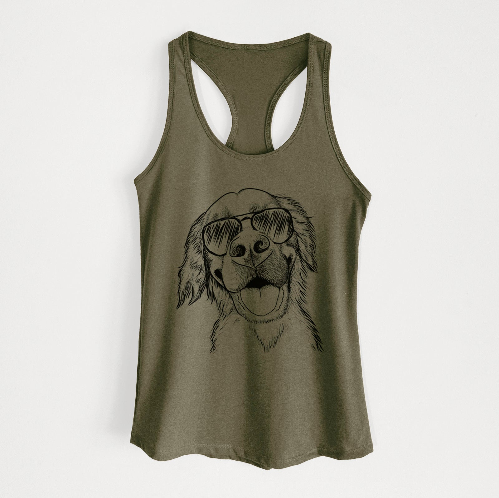 Hand-drawn sketch of Jordy the Golden Retriever wearing aviator sunglasses on a Military Green Women's racerback tanktop