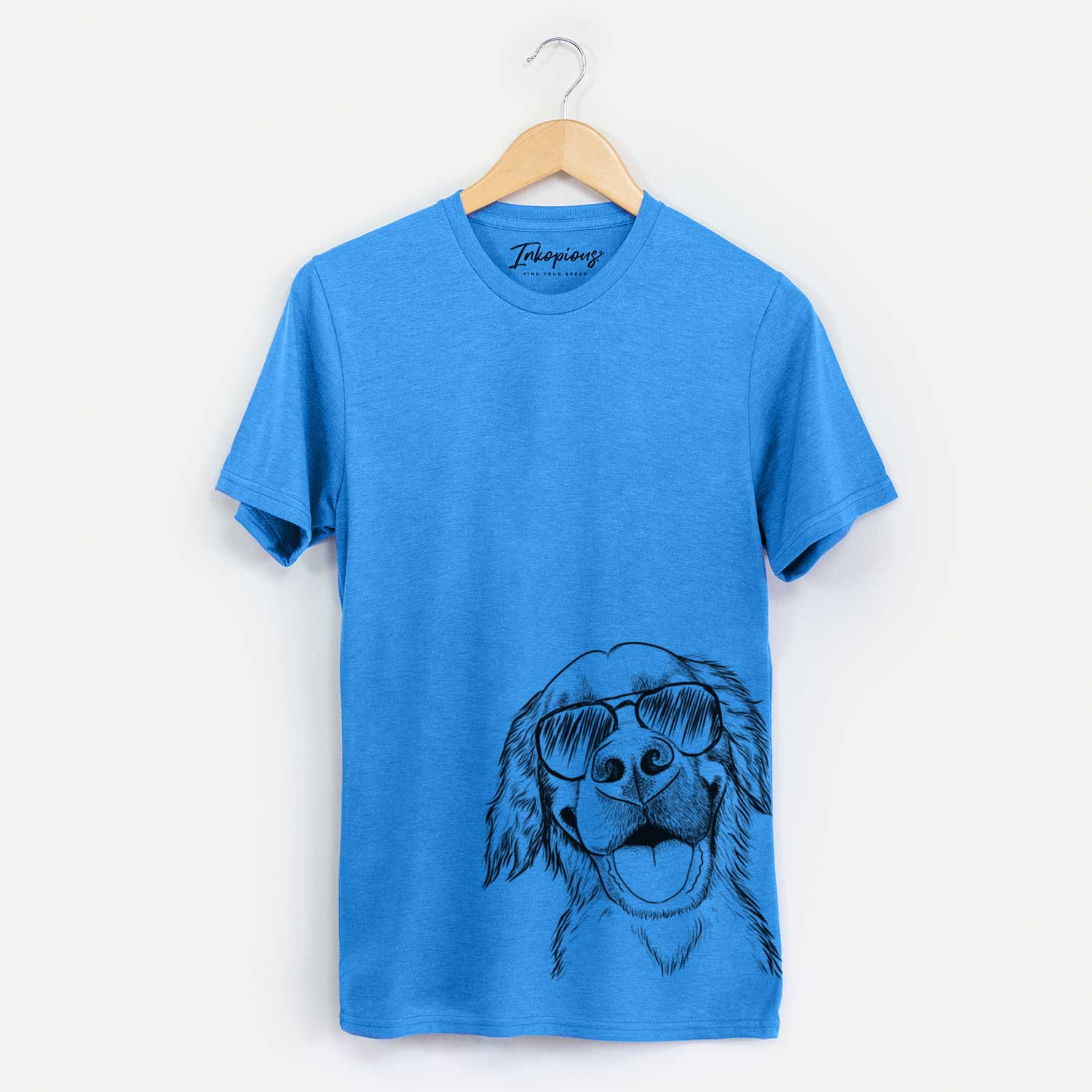 Hand-drawn sketch of Jordy the Golden Retriever wearing aviator sunglasses on a Blue Unisex crewneck