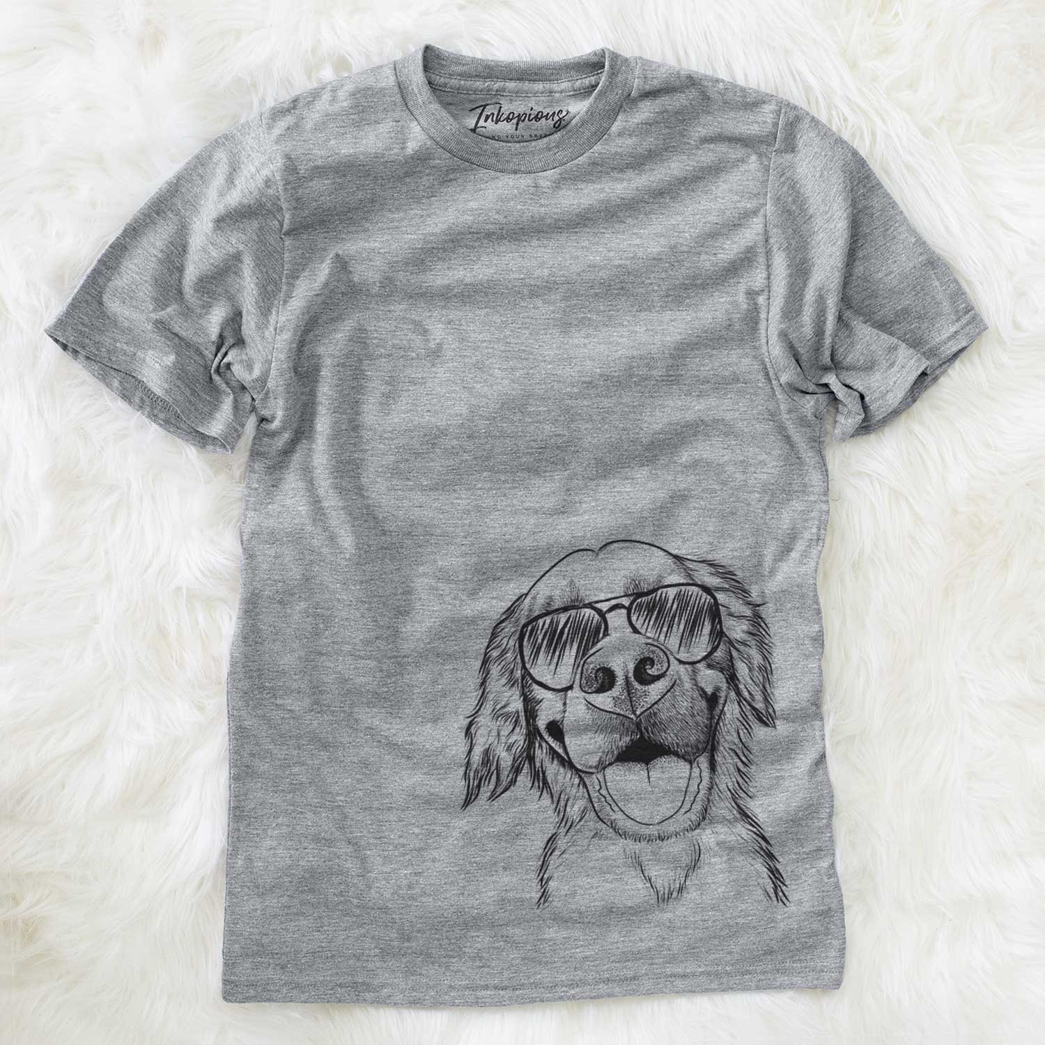 Hand-drawn sketch of Jordy the Golden Retriever wearing aviator sunglasses on a Grey Unisex crewneck