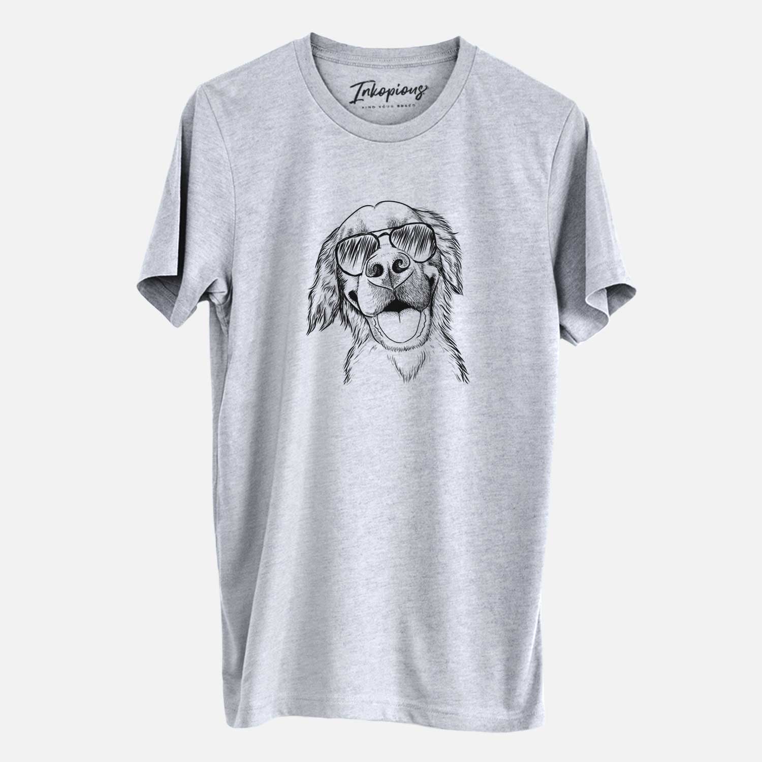 Hand-drawn sketch of Jordy the Golden Retriever wearing aviator sunglasses on a Grey Unisex crewneck