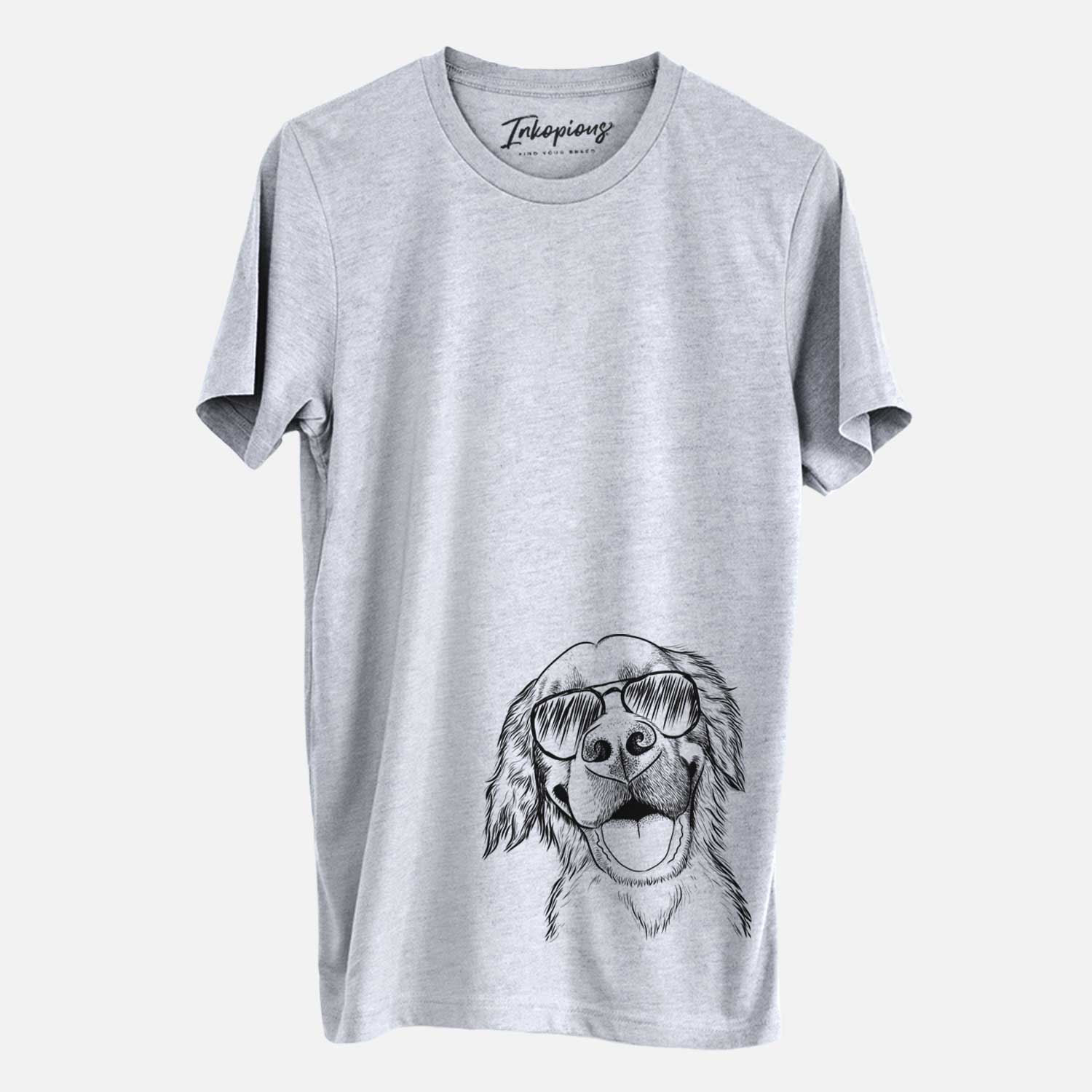 Hand-drawn sketch of Jordy the Golden Retriever wearing aviator sunglasses on a Grey Unisex crewneck