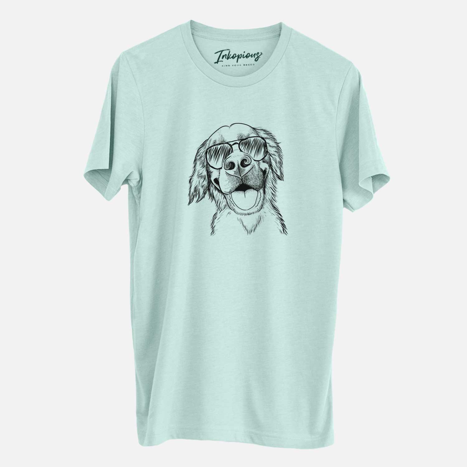 Hand-drawn sketch of Jordy the Golden Retriever wearing aviator sunglasses on a Heather Sage Unisex crewneck