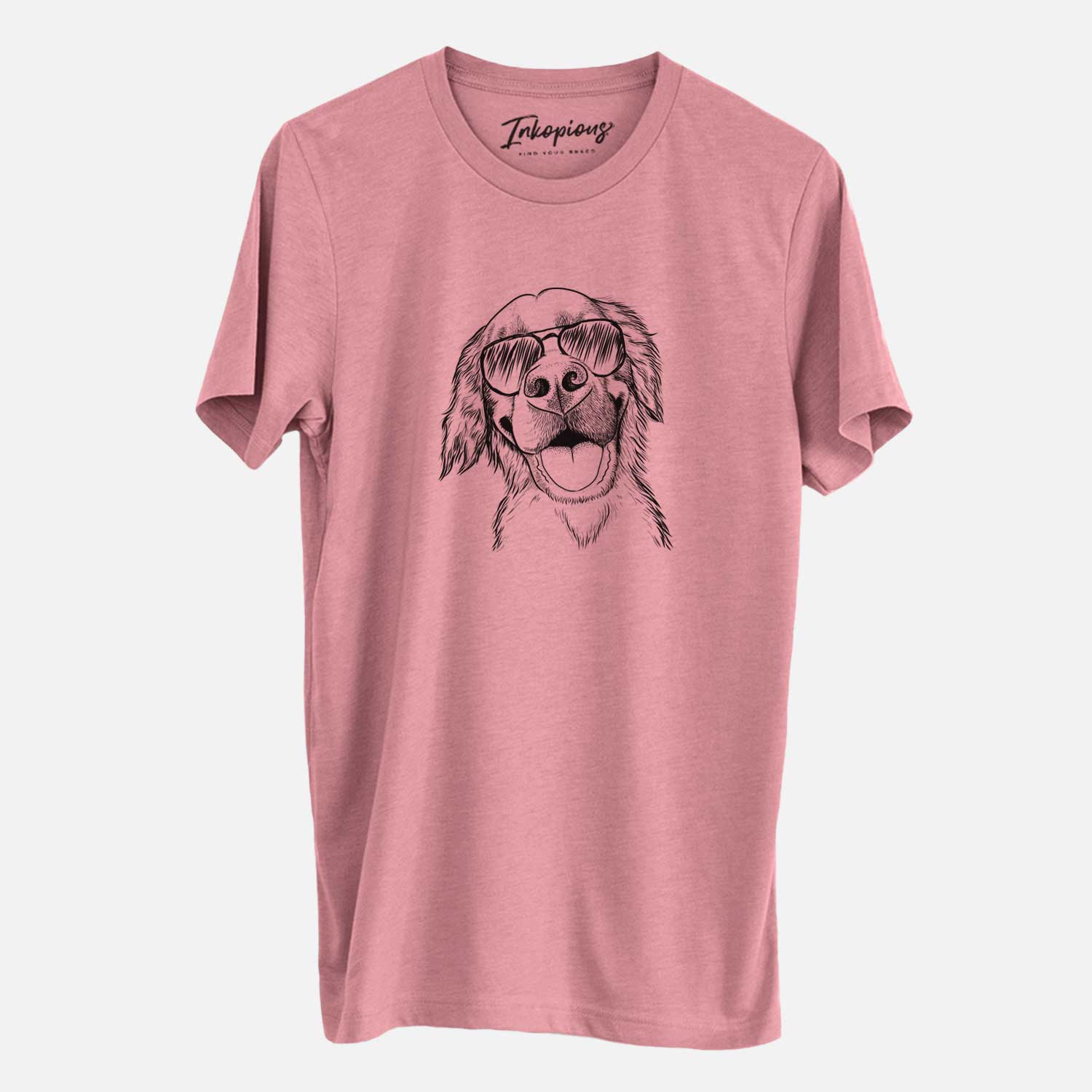 Hand-drawn sketch of Jordy the Golden Retriever wearing aviator sunglasses on a Mauve Unisex crewneck