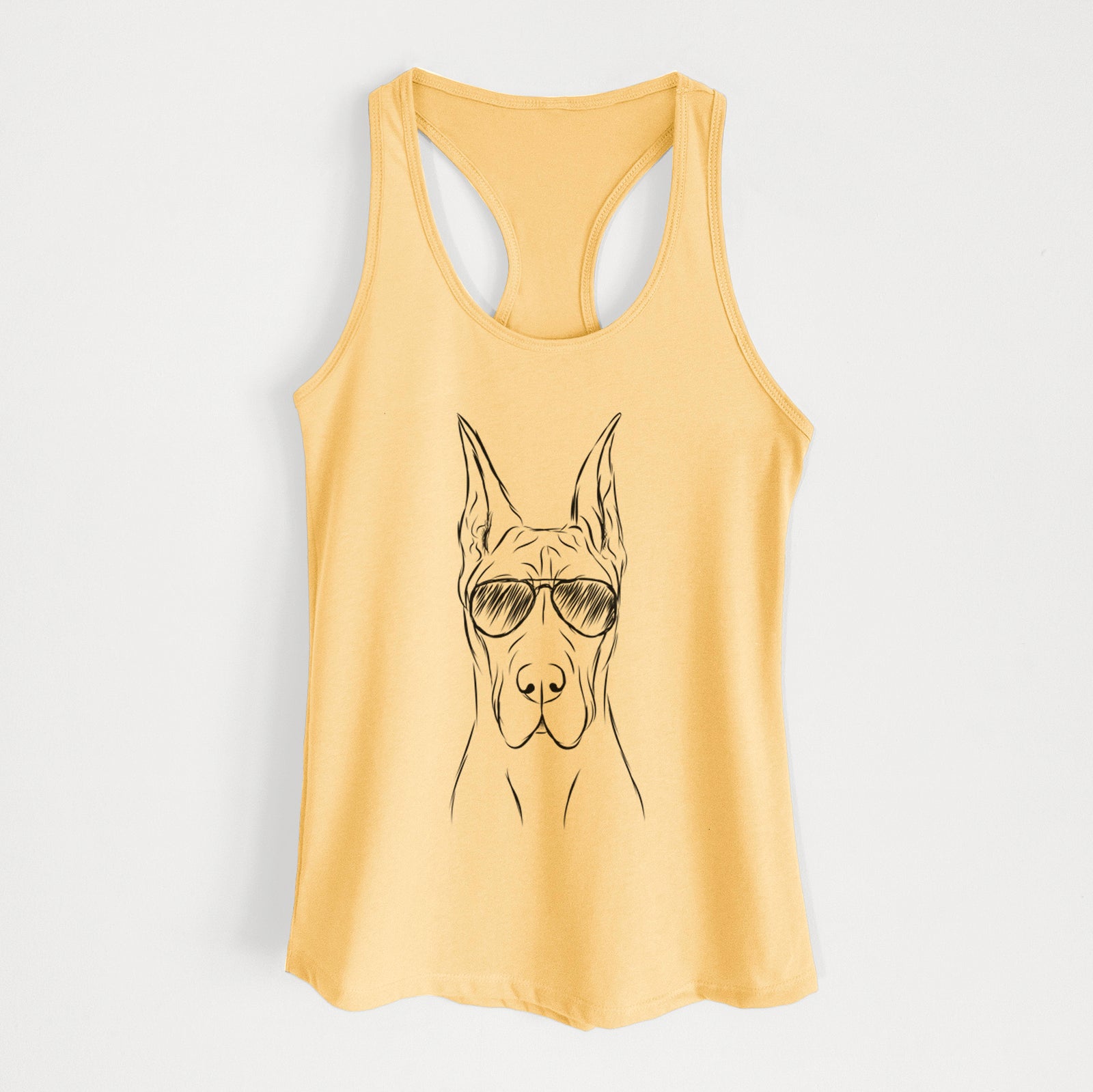 Hand-drawn sketch of Jude the Great Dane wearing aviator sunglasses on a Banana Cream Women's racerback tanktop