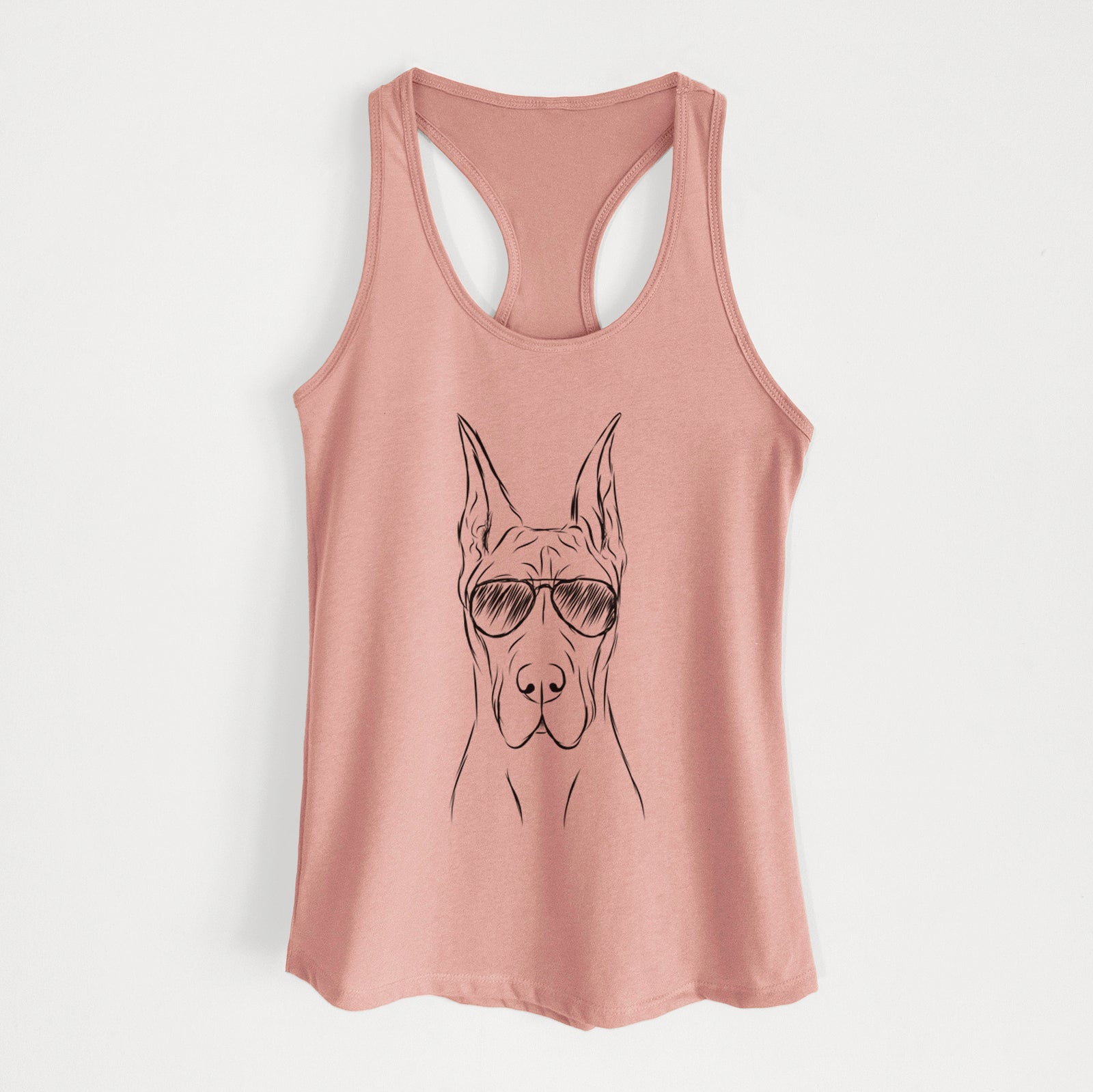 Hand-drawn sketch of Jude the Great Dane wearing aviator sunglasses on a Desert Pink Women's racerback tanktop
