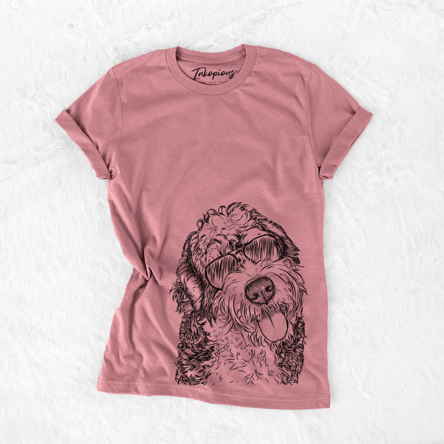 Hand-drawn sketch of Kaci the Bernedoodle wearing aviator sunglasses on a Mauve Bella Canvas Unisex Crewneck