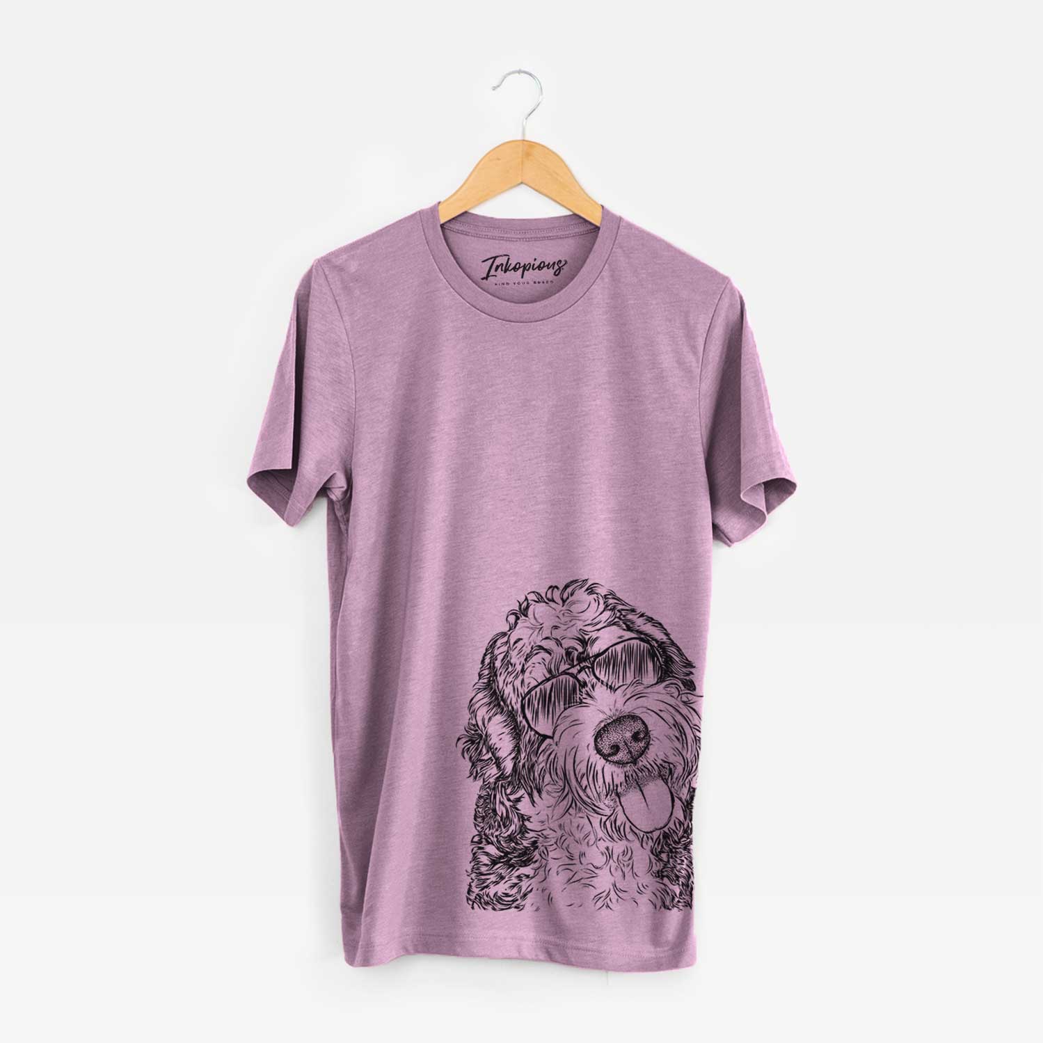 Hand-drawn sketch of Kaci the Bernedoodle wearing aviator sunglasses on an Orchid Bella Canvas Unisex Crewneck